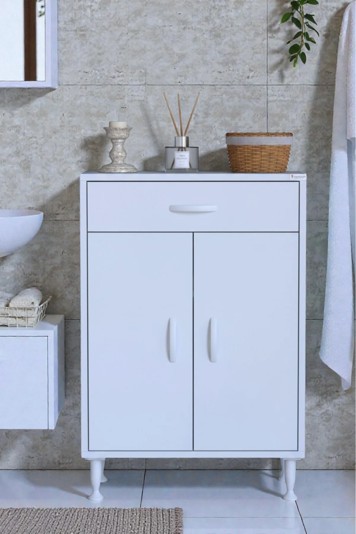 Rose 60 cm Beyaz 1 Çekmeceli Banyo Mutfak Dolabı 4 Bölmeli 3 Rafl
