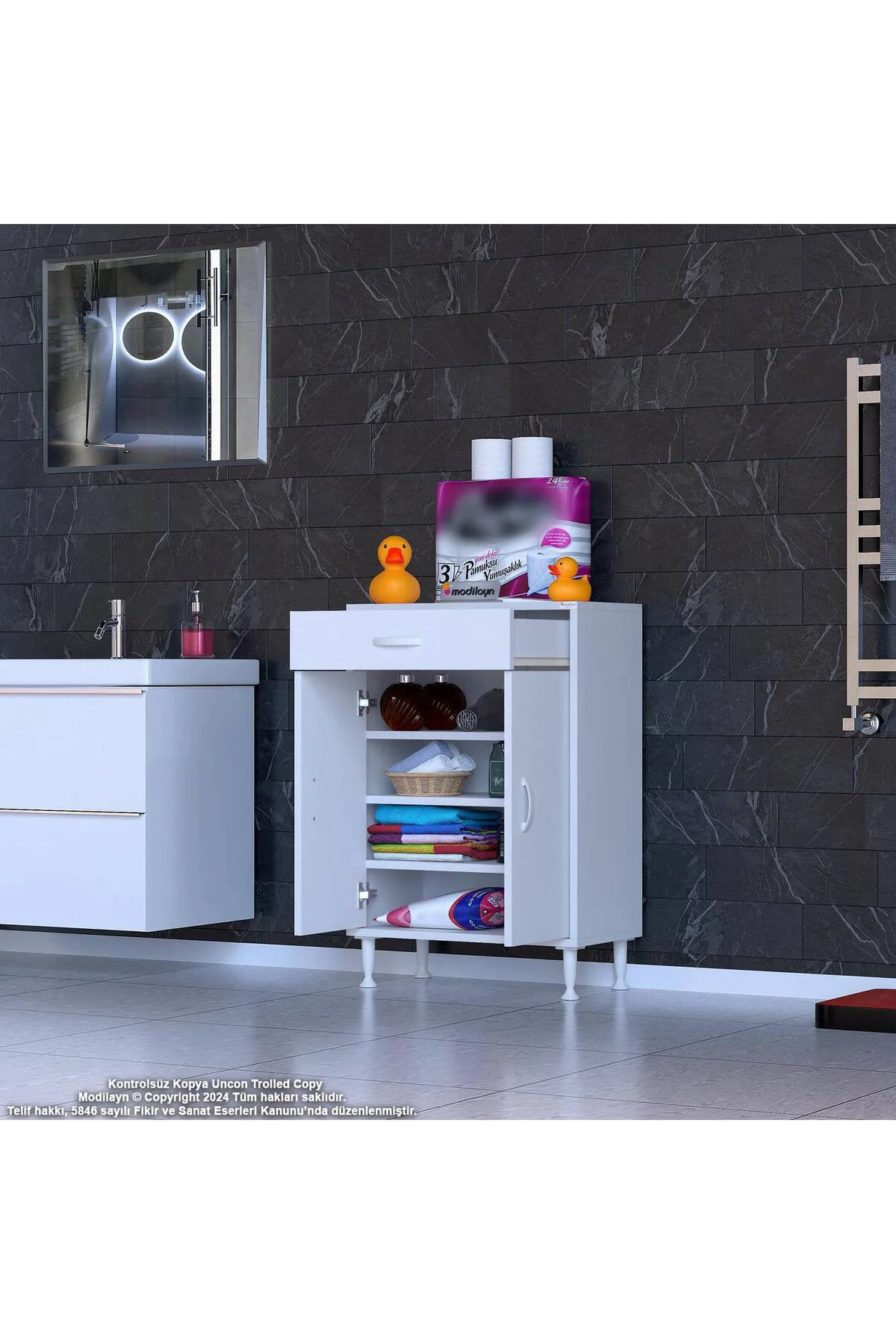 Rose 60 cm Beyaz 1 Çekmeceli Banyo Mutfak Dolabı 4 Bölmeli 3 Rafl