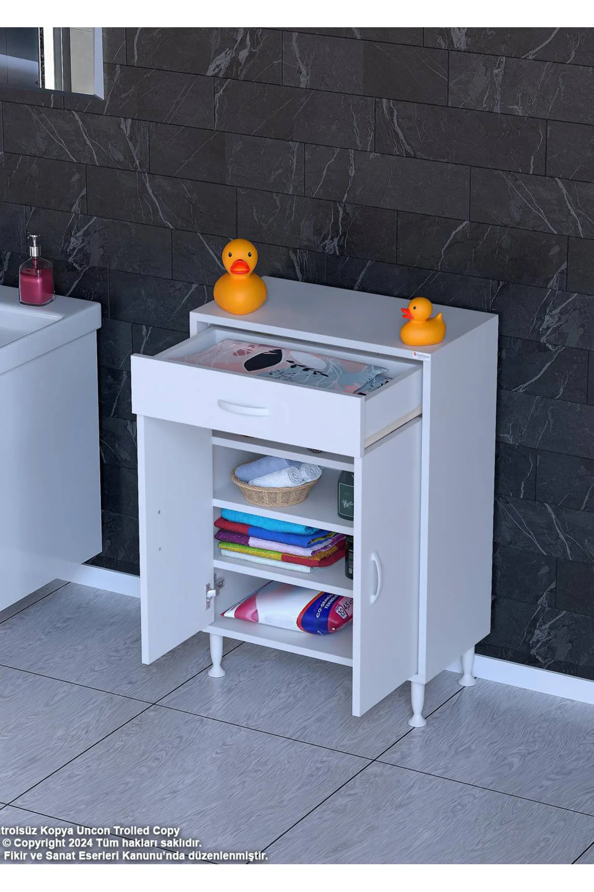 Rose 60 cm Beyaz 1 Çekmeceli Banyo Mutfak Dolabı 4 Bölmeli 3 Rafl