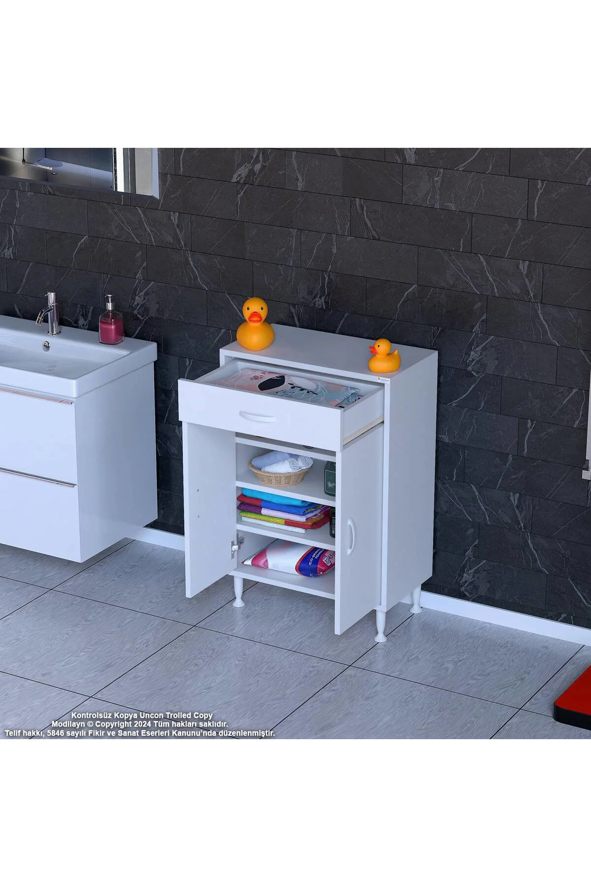 Rose 60 cm Beyaz 1 Çekmeceli Banyo Mutfak Dolabı 4 Bölmeli 3 Rafl