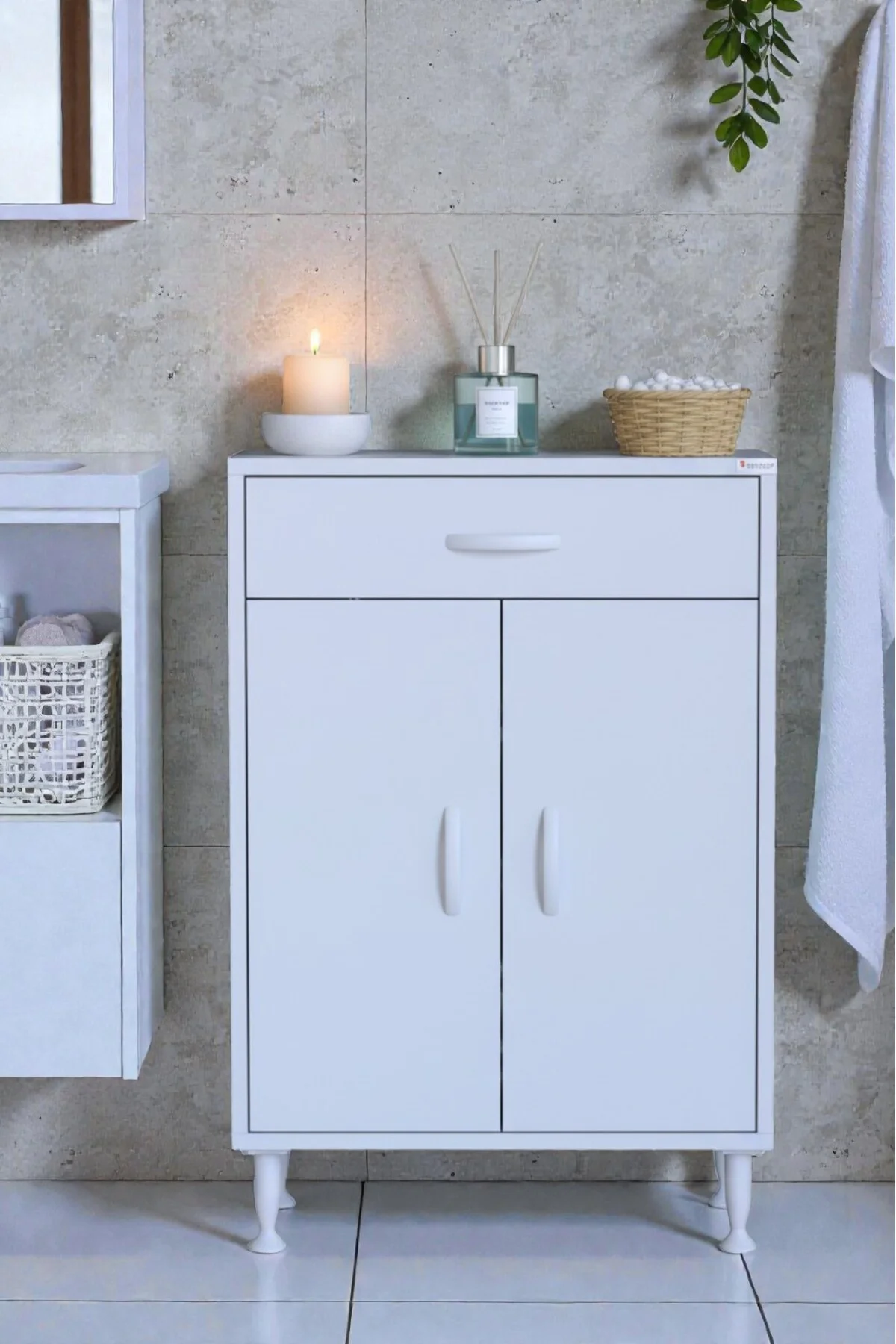 Rose 70 cm Beyaz 1 Çekmeceli Banyo Mutfak Dolabı 4 Bölmeli 3 Rafl