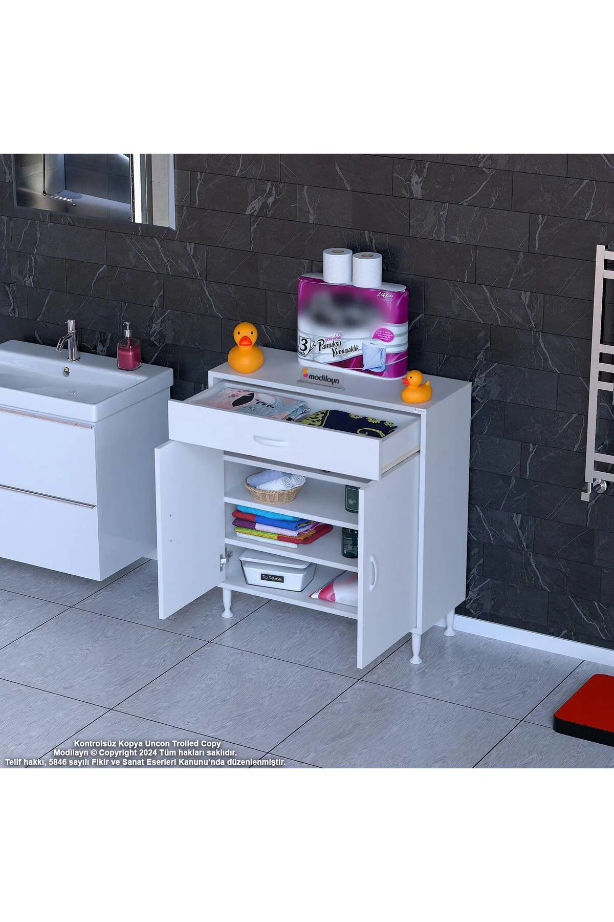 Rose 75 cm Beyaz 1 Çekmeceli Banyo Mutfak Dolabı 4 Bölmeli 3 Rafl
