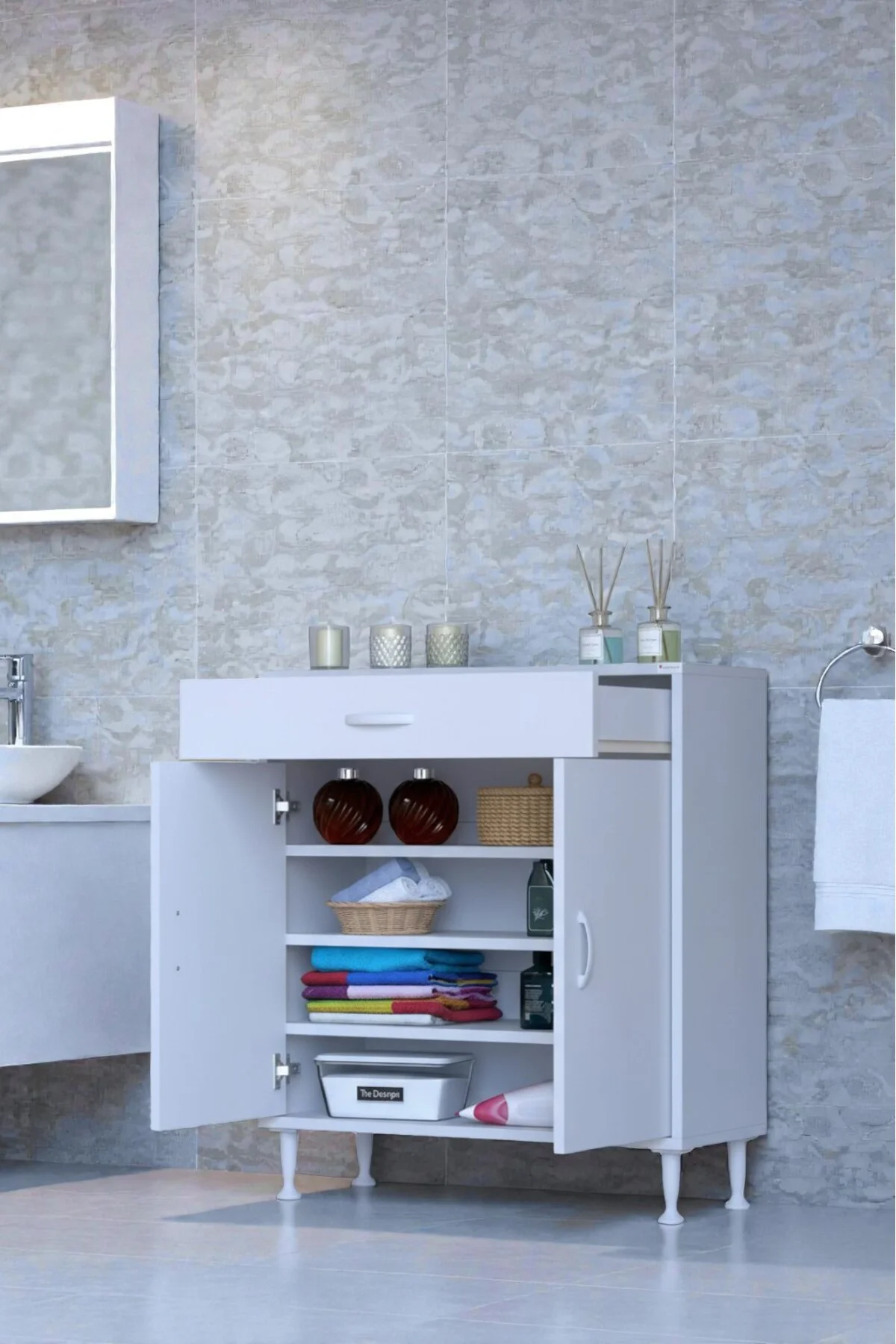 Rose 75 cm Beyaz 1 Çekmeceli Banyo Mutfak Dolabı 4 Bölmeli 3 Rafl