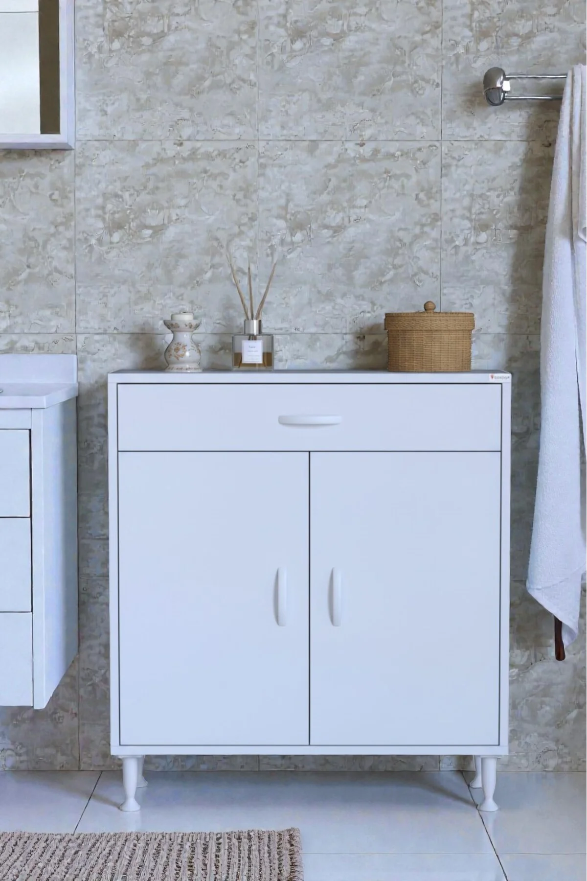 Rose 80 cm Beyaz 1 Çekmeceli Banyo Mutfak Dolabı 4 Bölmeli 3 Rafl