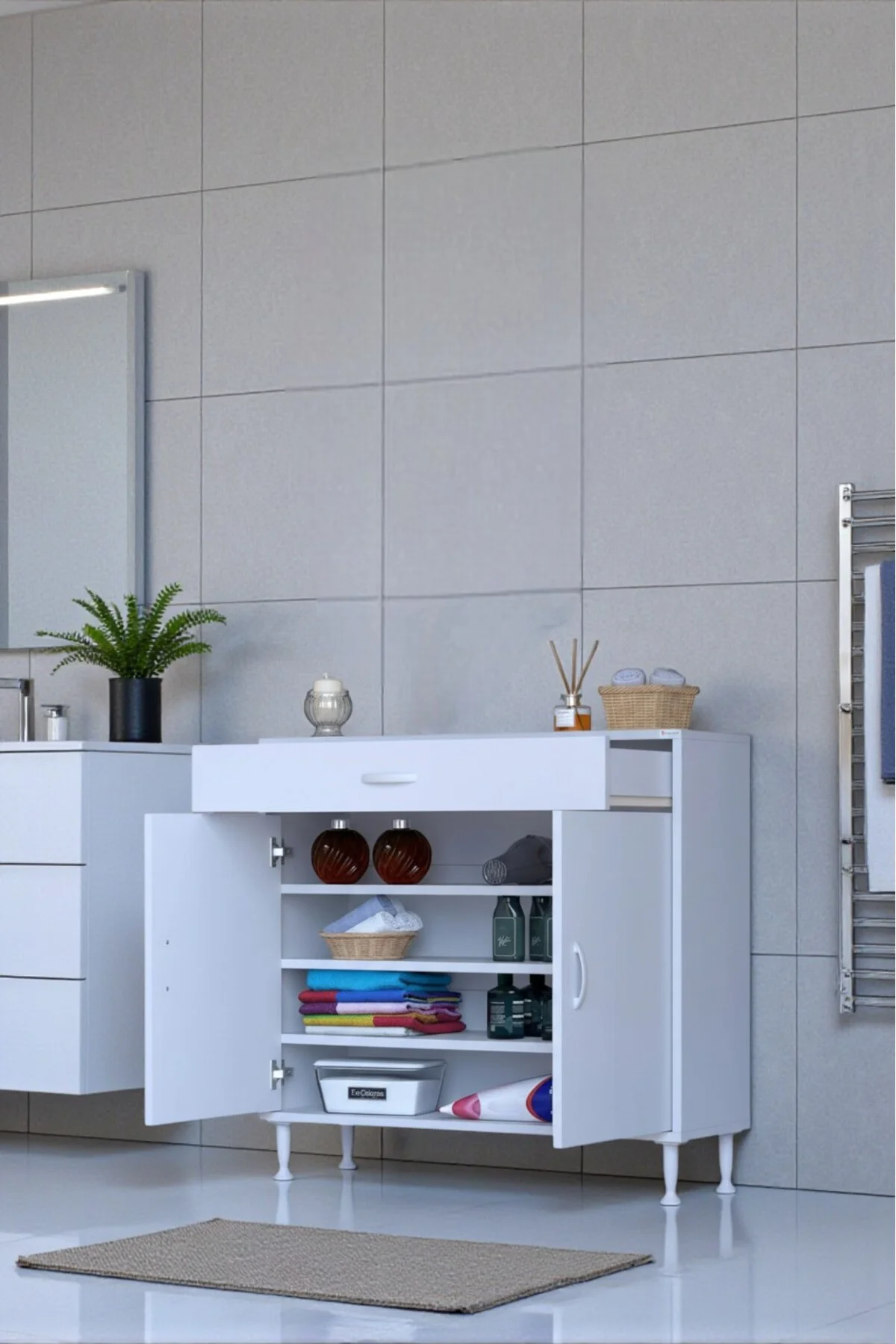 Rose 95 cm Beyaz 1 Çekmeceli Banyo Mutfak Dolabı 4 Bölmeli 3 Rafl