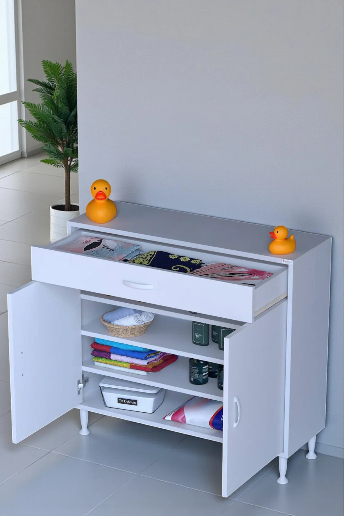 Rose 95 cm Beyaz 1 Çekmeceli Banyo Mutfak Dolabı 4 Bölmeli 3 Rafl