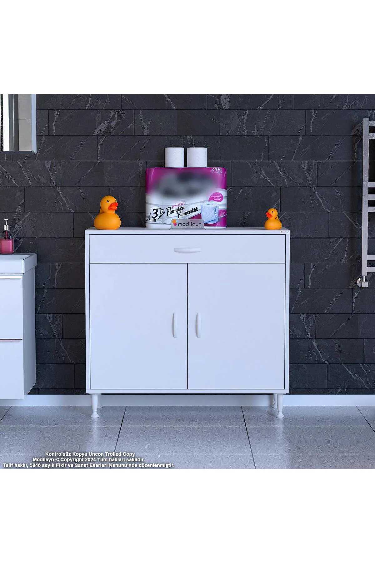 Rose 95 cm Beyaz 1 Çekmeceli Banyo Mutfak Dolabı 4 Bölmeli 3 Rafl