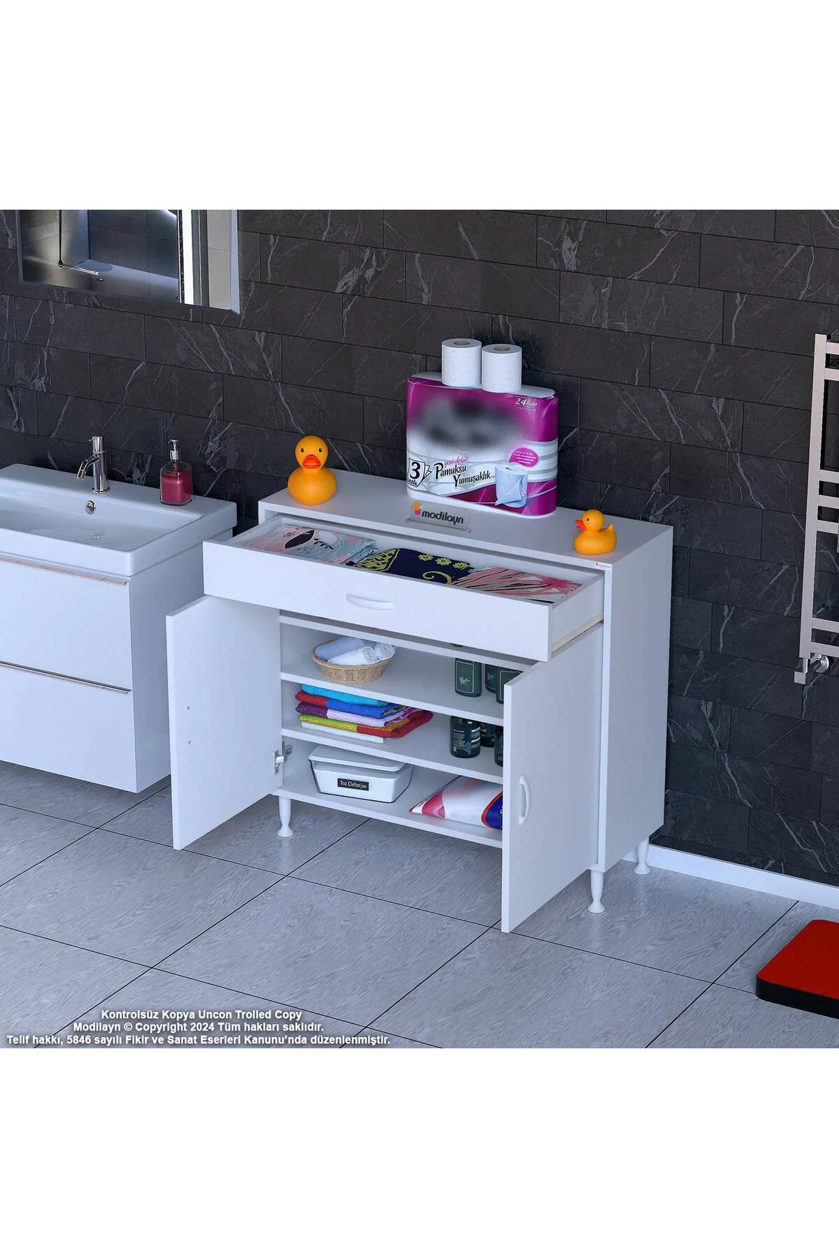 Rose 95 cm Beyaz 1 Çekmeceli Banyo Mutfak Dolabı 4 Bölmeli 3 Rafl