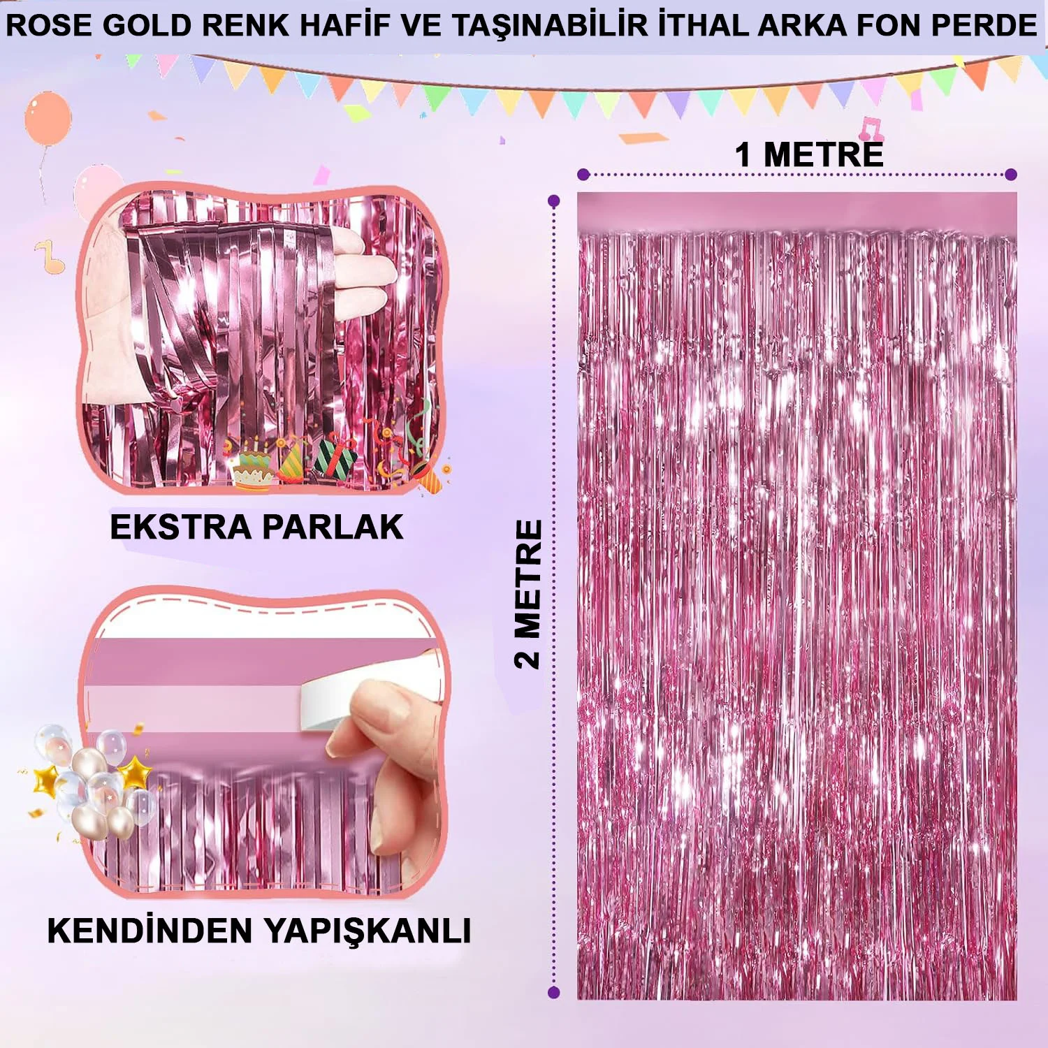 Rose Gold Metalize Saçaklı Arka Fon Perde 1x2m - Düğün ve Parti Dekorasyonu