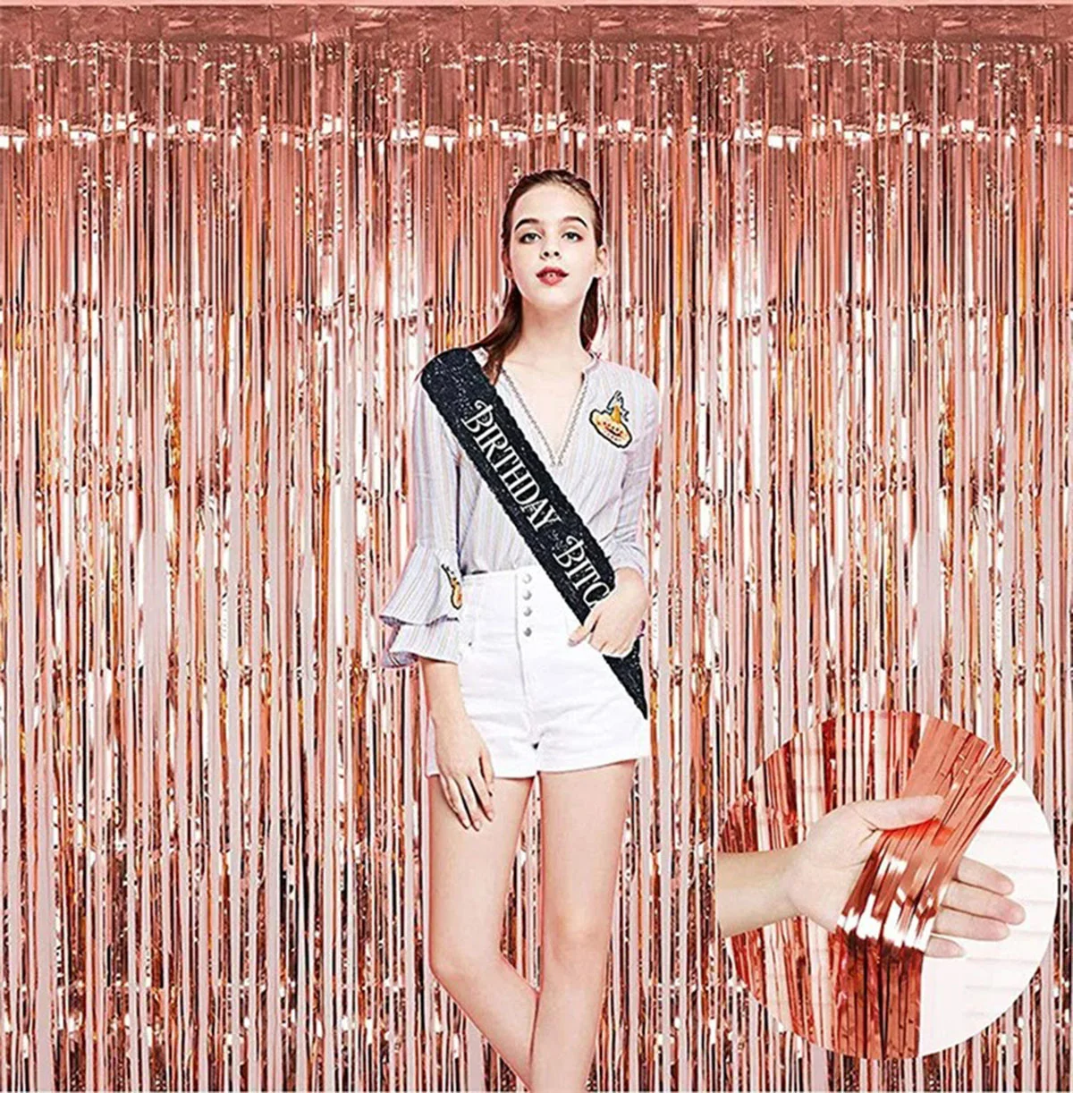 Rose Gold Püsküllü Kapı Perdesi - Kendinden Yapışkanlı Süsleme Perdesi | Parti & Doğum Günü