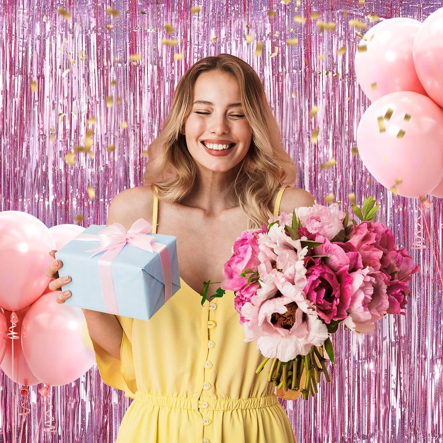 Rose Gold Renk Ekstra Metalize Parlak Saçaklı Arka Fon Perde İtha