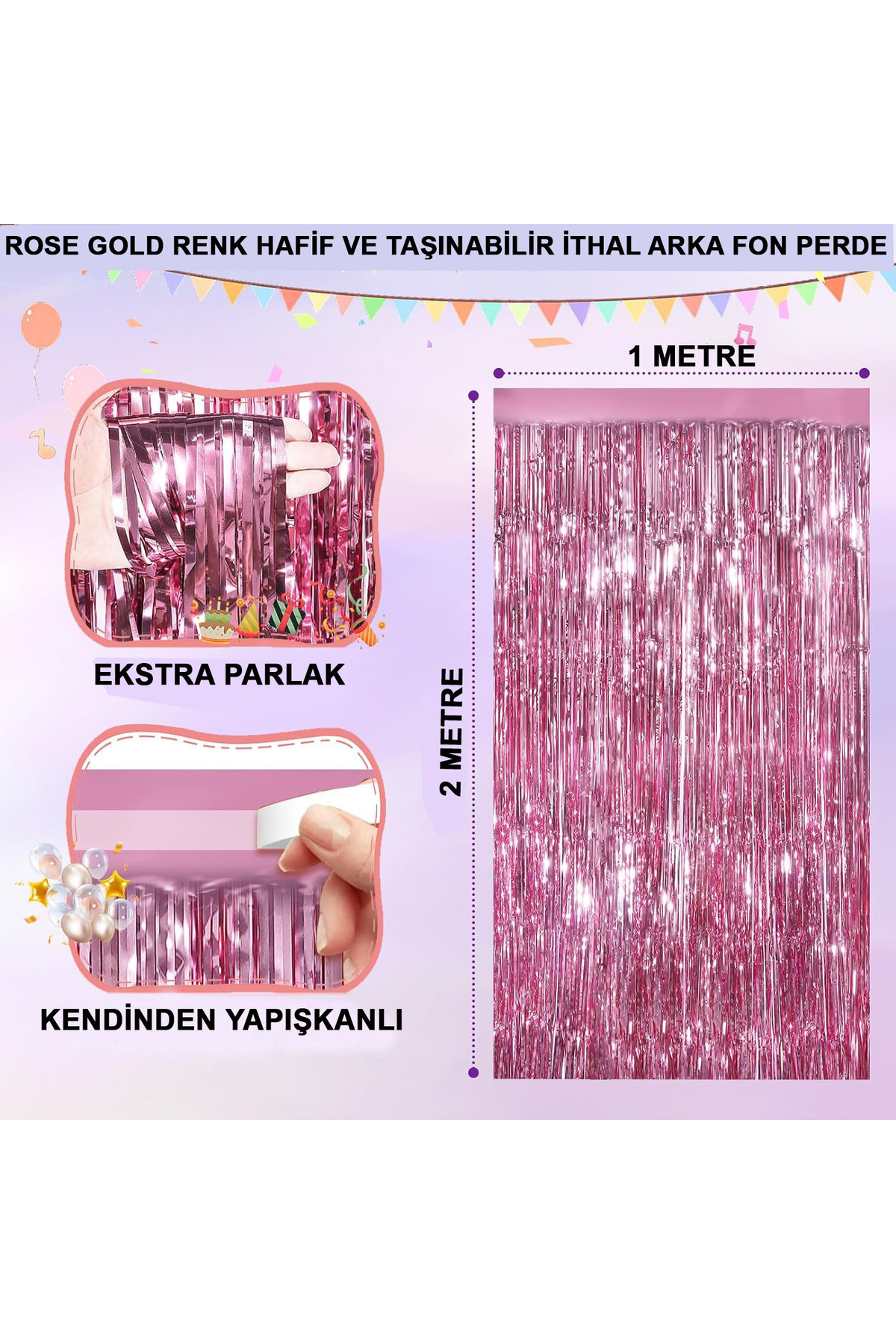Çerçici Rose Gold Renk Ekstra Metalize Parlak Saçakli Arka Fon Perde İtha