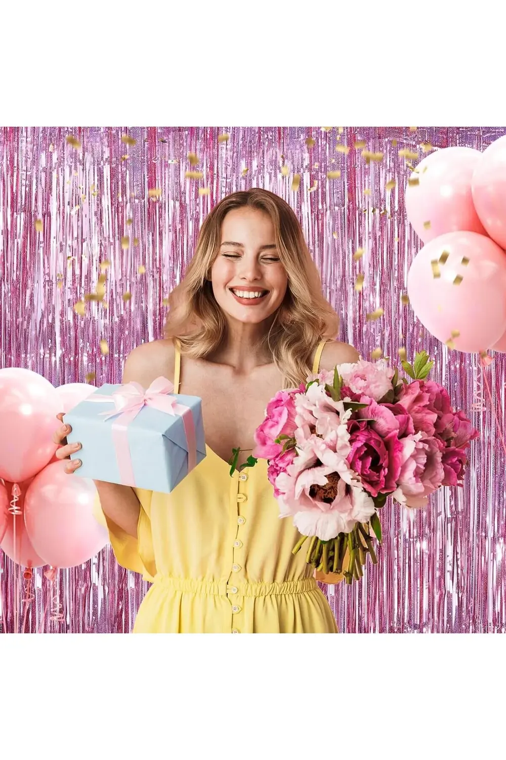 Rose Gold Renk Ekstra Metalize Parlak Saçaklı Arka Fon Perde İtha