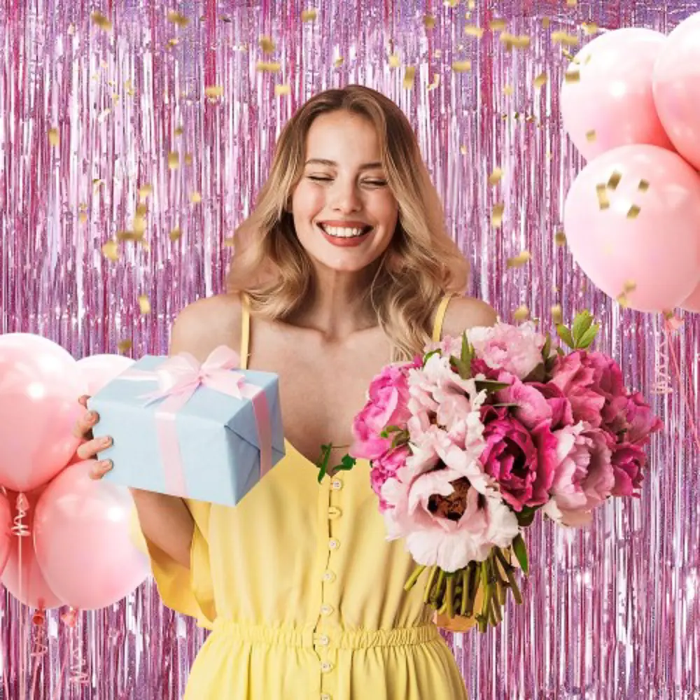 Rose Gold Renk Ekstra Metalize Parlak Saçaklı Arka Fon Perde İtha