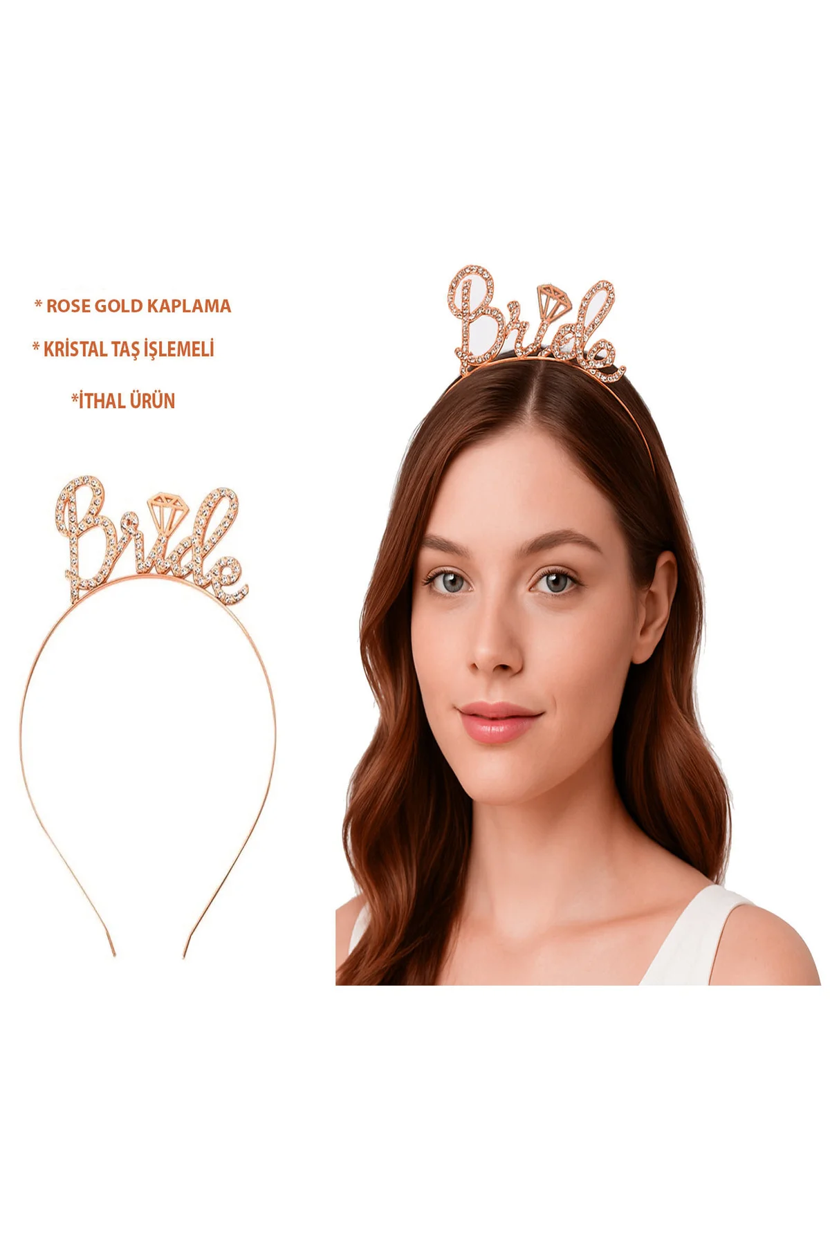 Rose Gold Renkli Taşlı “Bride” Gelin Tacı – El Yazısı Yazı Tipiyl