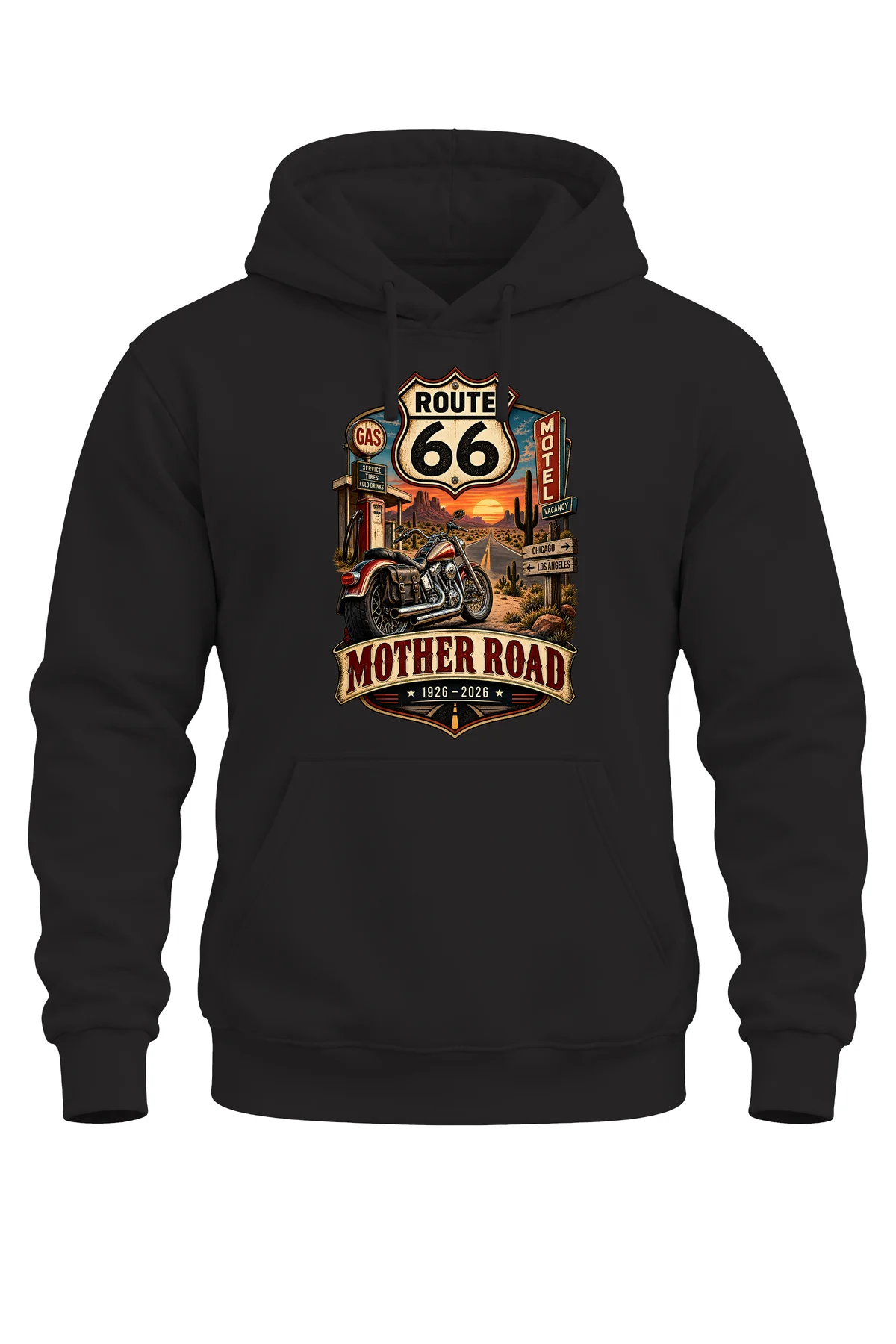 Route 66 Retro Motosiklet Baskılı Unisex Regular Kalıp 3 İplik Kalın Kapüşonlu Sweatshirt