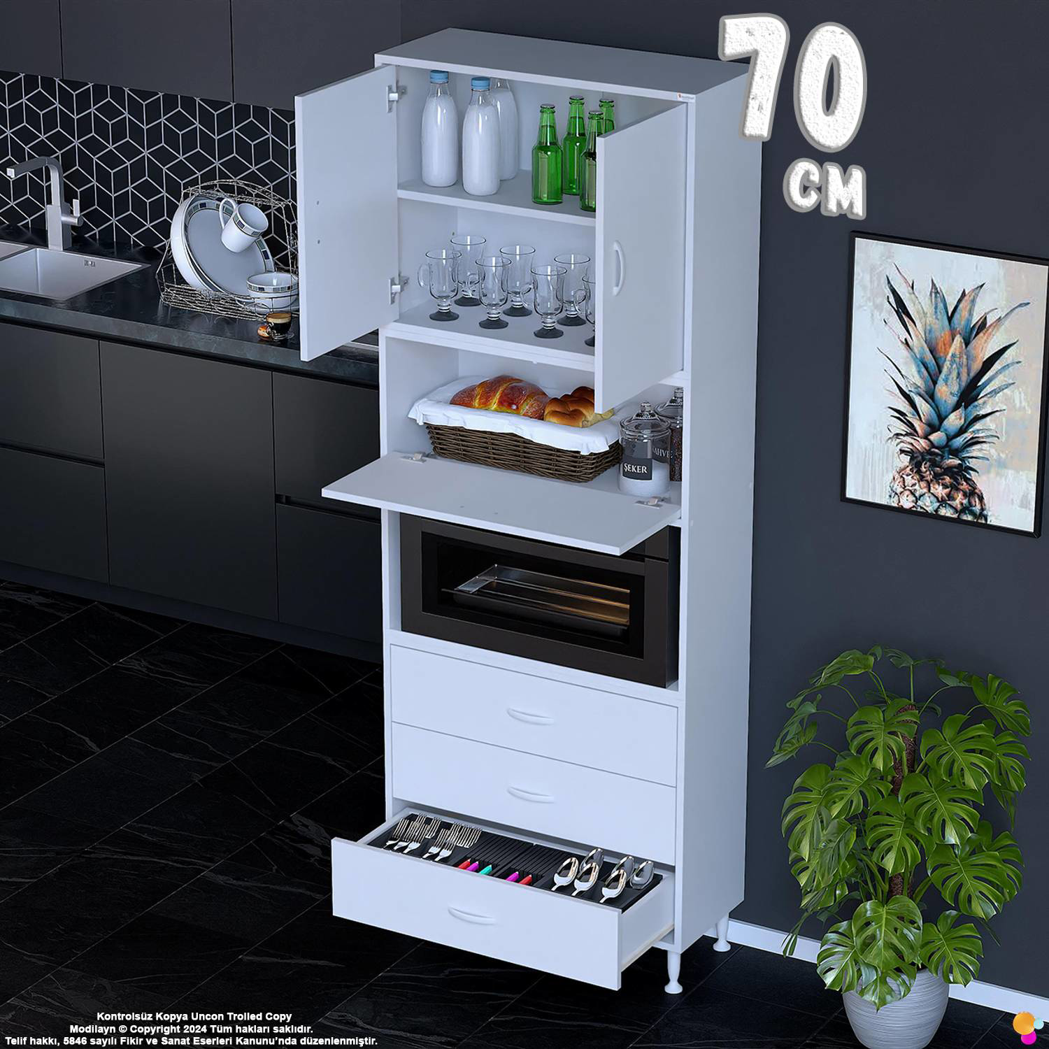 Roven 70 cm Fırın Dolabı Kahve Köşesi Üst Kapaklı 3 Çekmeceli Çok Roven 70 cm Fırın Dolabı Kahve Köşesi Üst Kapaklı 3 Çekmeceli Çok