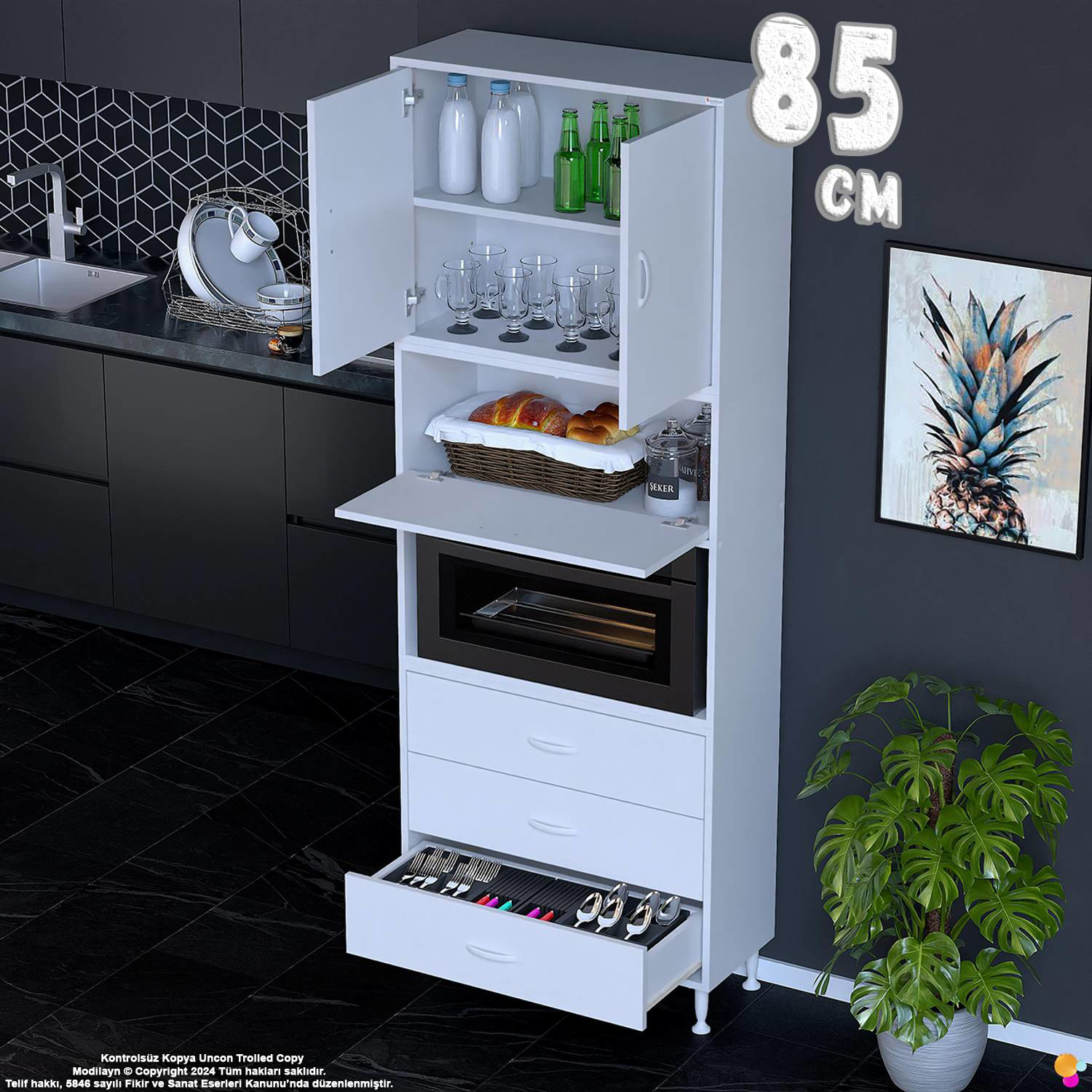 Roven 85 cm Fırın Dolabı Kahve Köşesi Üst Kapaklı 3 Çekmeceli Çok Roven 85 cm Fırın Dolabı Kahve Köşesi Üst Kapaklı 3 Çekmeceli Çok