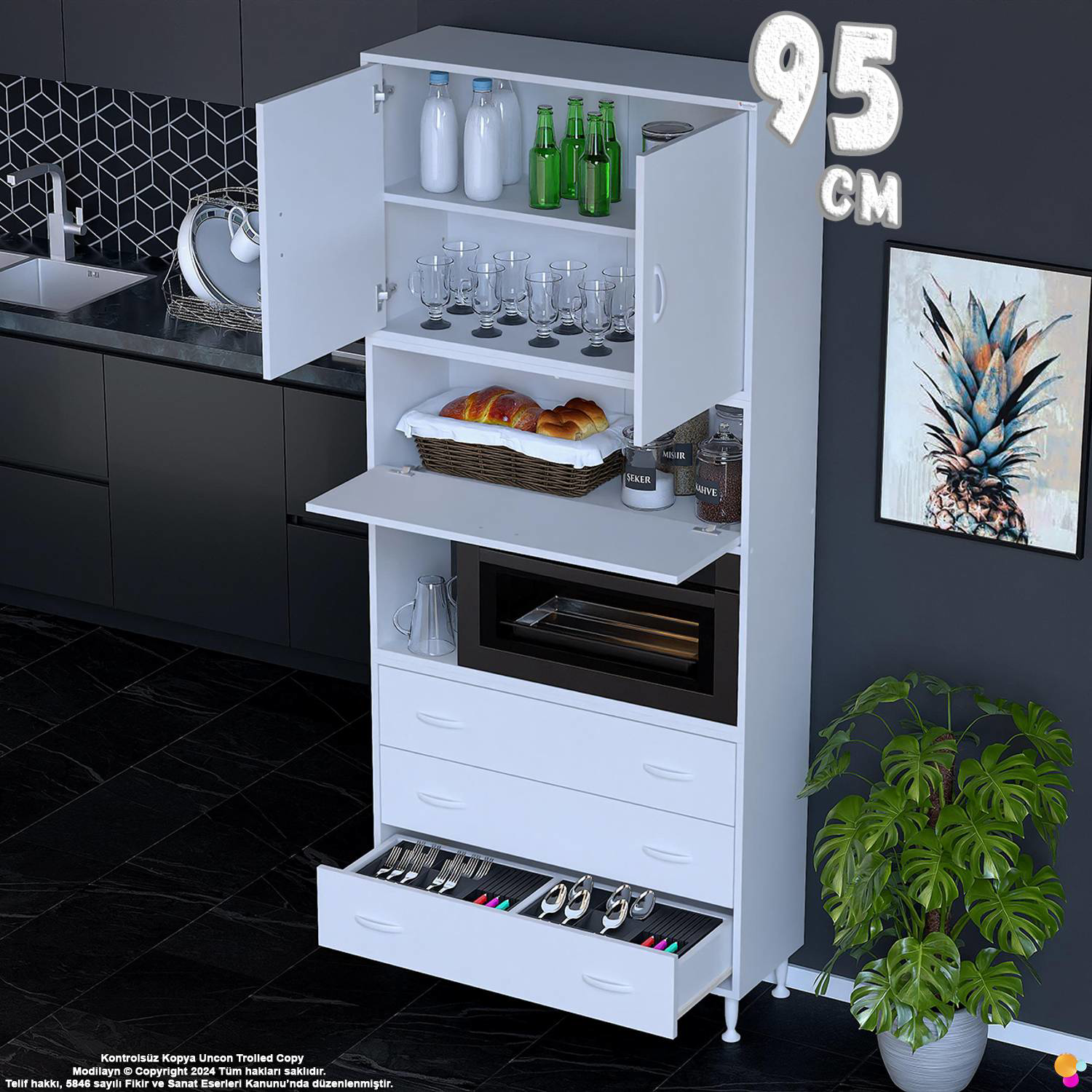 Roven 95 cm Fırın Dolabı Kahve Köşesi Üst Kapaklı 3 Çekmeceli Çok Roven 95 cm Fırın Dolabı Kahve Köşesi Üst Kapaklı 3 Çekmeceli Çok