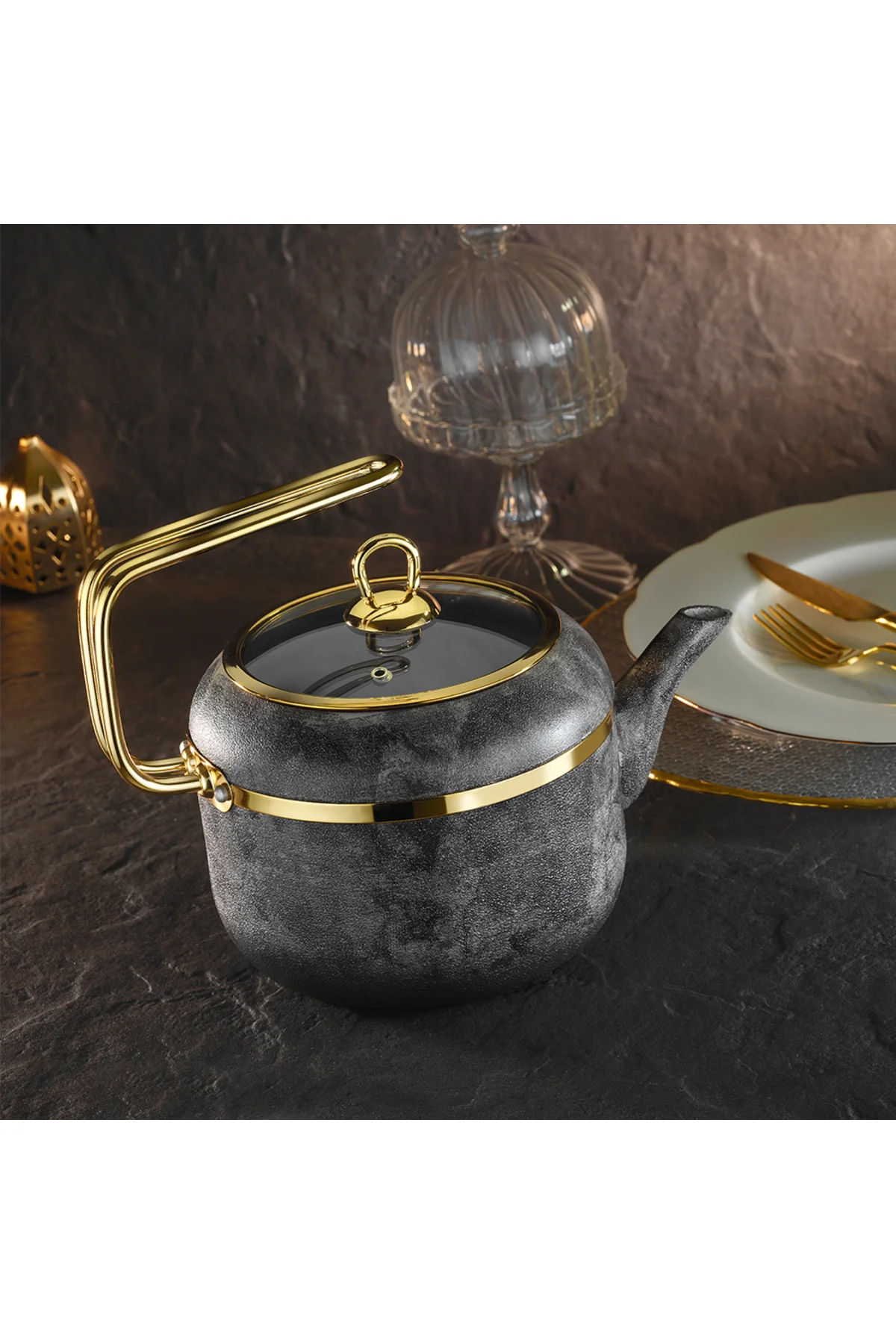 Royal Stone 1,5 Lt Yanmaz Yapışmaz Taş Dokulu Granit Çaydanlık Ku