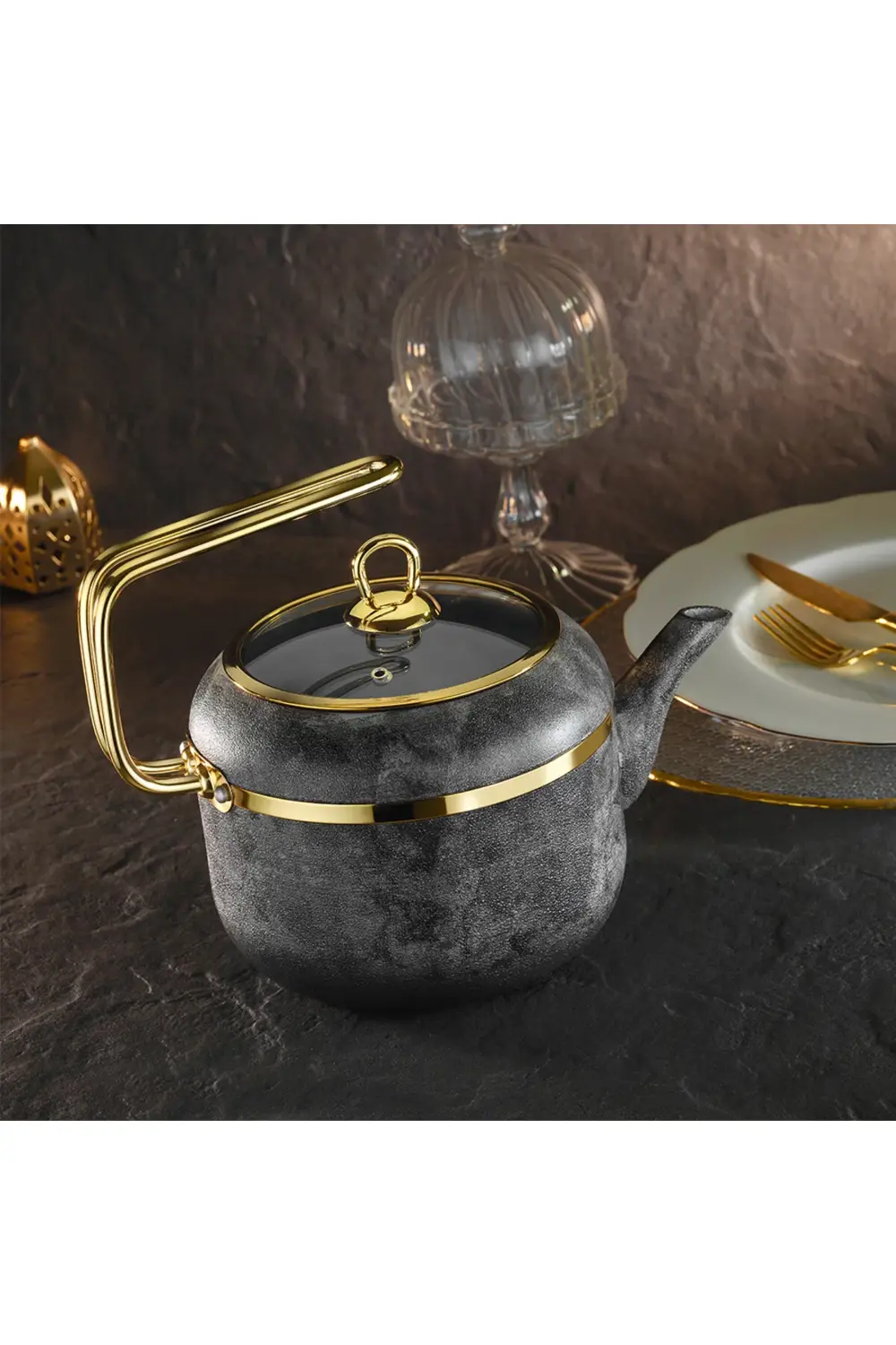 Royal Stone 1,5 Lt Yanmaz Yapışmaz Taş Dokulu Granit Çaydanlık Ku