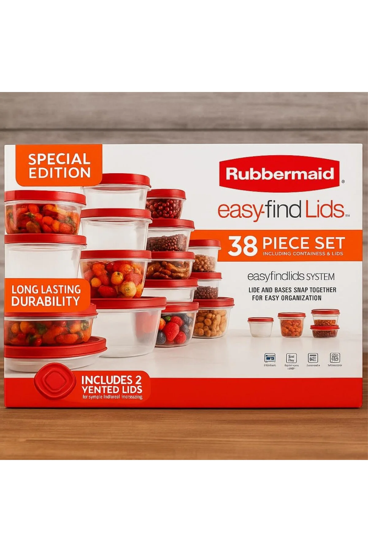 Rubbermaid Easy Find Lids 38 Parça Saklama Kabı Seti – Kırmızı Kapaklı, BPA Free, Mikrodalg
