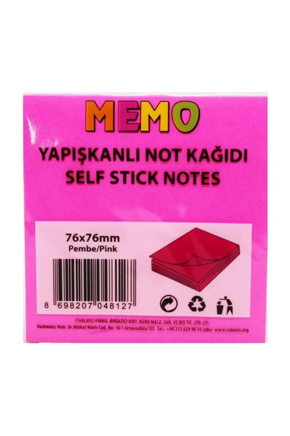 Rubenis Rps100 Yapışkanlı Not Kağıdı 76x76 Mm 100 Yaprak Pembe