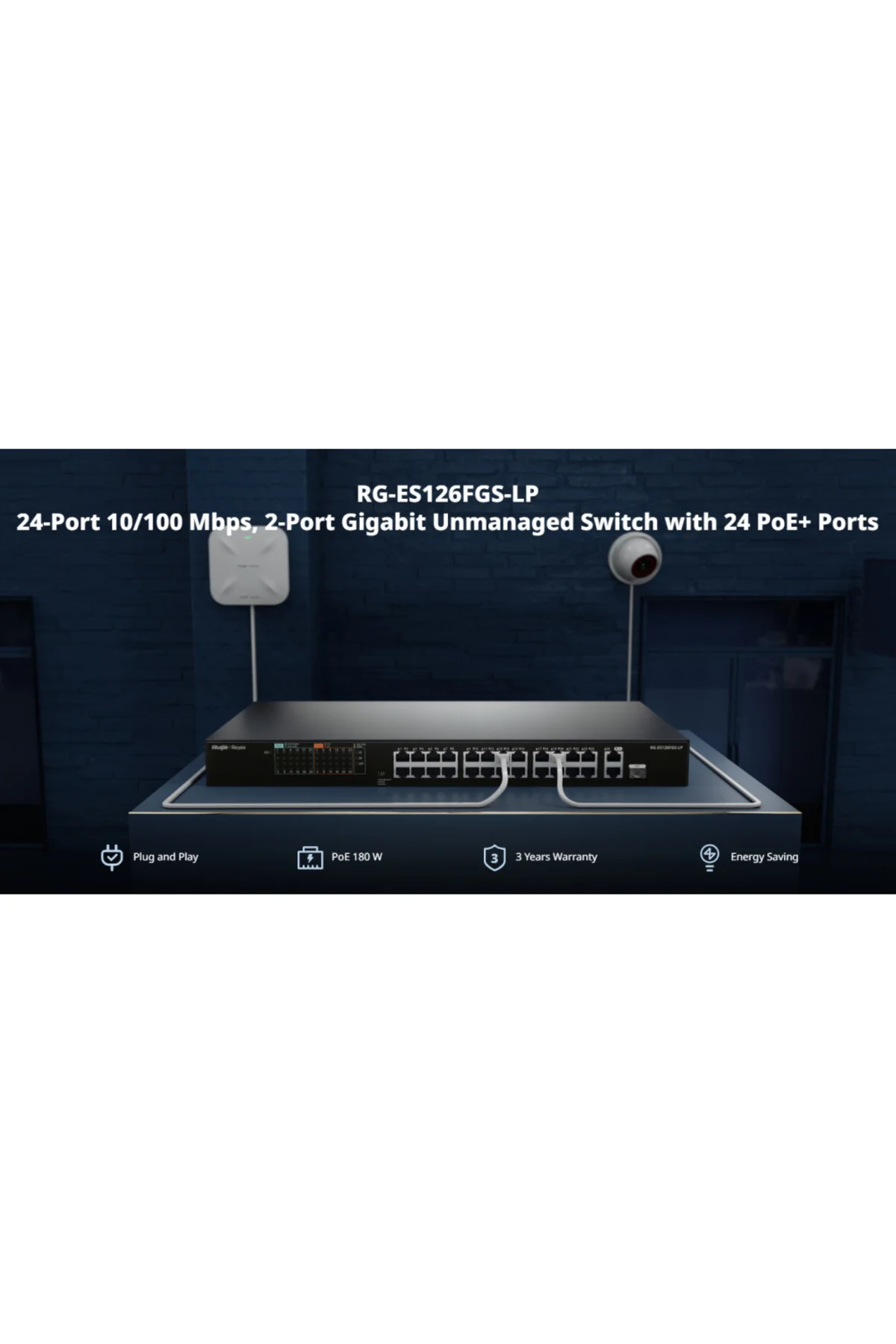 RUIJIE REYEE RG-ES126FGS-LP 26 Port, 24 Port Megabit PoE, 180W, 2 Port Gigabit Uplink, 1 Port Giga RUIJIE REYEE RG-ES126FGS-LP 26 Port, 24 Port Megabit PoE, 180W, 2 Port Gigabit Uplink, 1 Port Giga