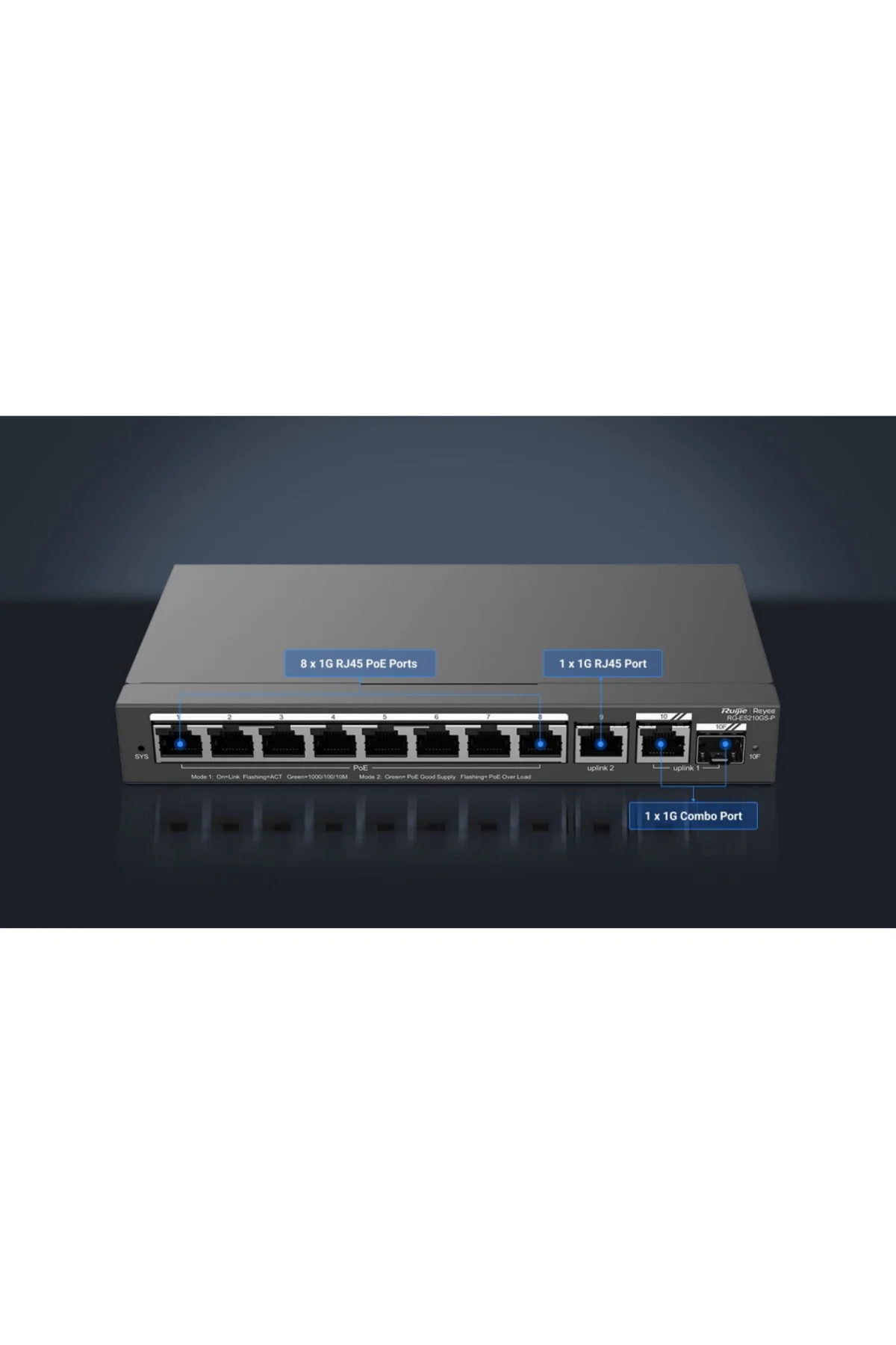 RUIJIE REYEE RG-ES210GS-P 10Port GigaBit ,8X PoE 120W, 1 Port Gİg