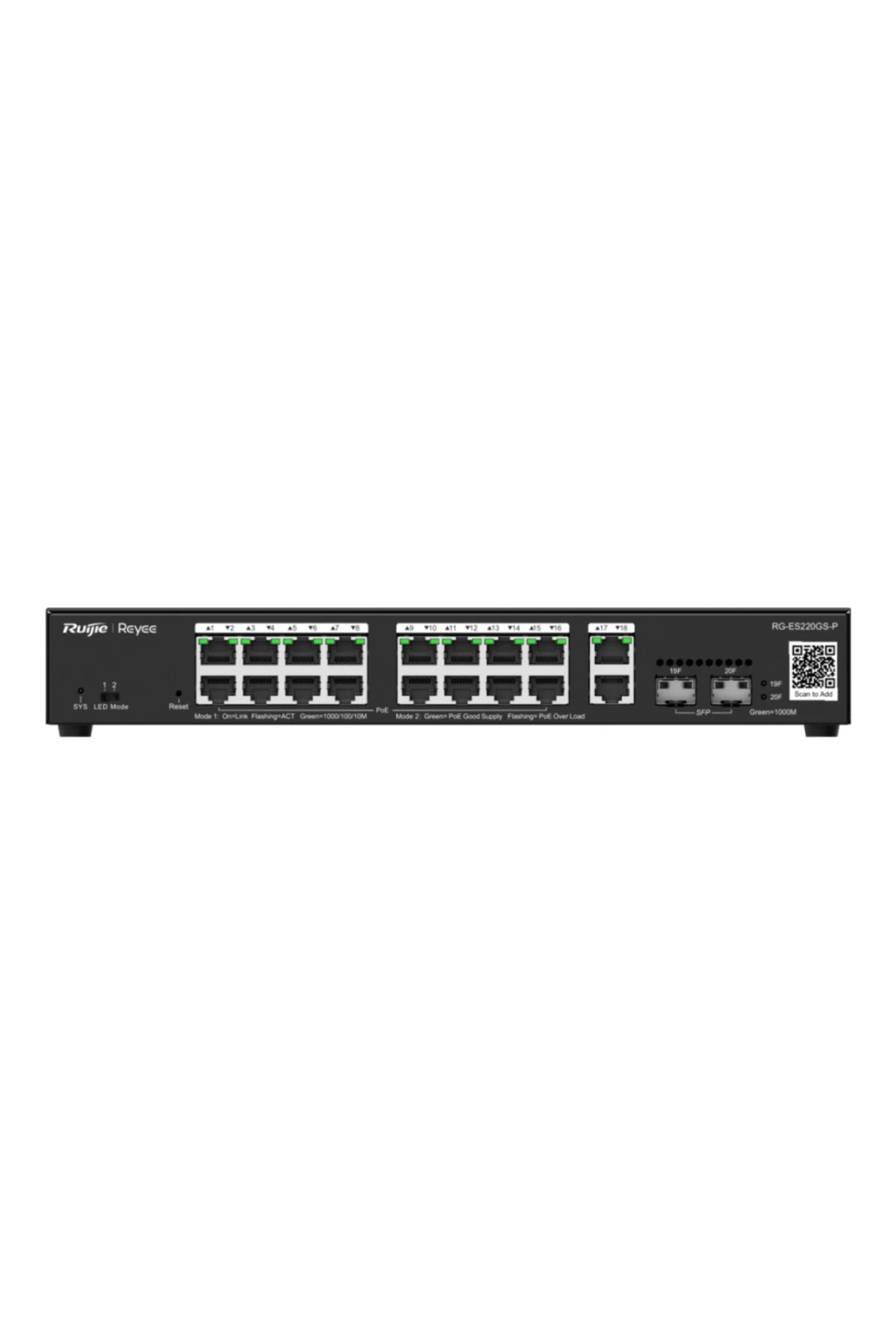 RUIJIE REYEE RG-ES220GS-P 20Port, 16 Port Gigabit PoE, 250W, 2 Port Gİgabit Uplink, 2 Port SFP, Col RUIJIE REYEE RG-ES220GS-P 20Port, 16 Port Gigabit PoE, 250W, 2 Port Gİgabit Uplink, 2 Port SFP, Col