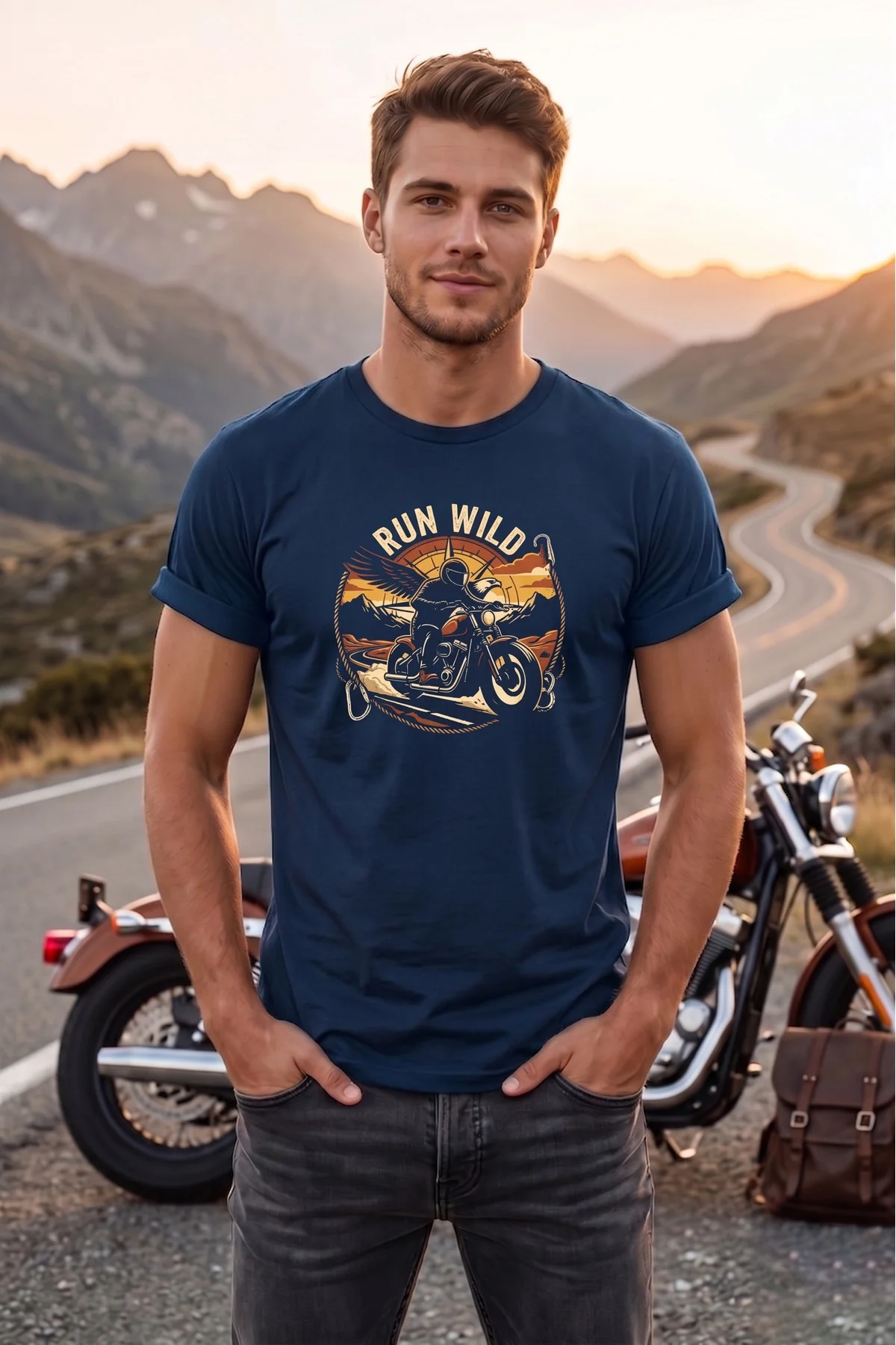 Run Wild Motorsiklet Baskılı Erkek Tişört Vintage Retro Tasarım B