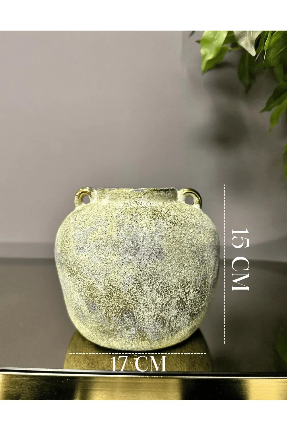 Rustik Eskitme Porselen Vazo - Gold Kulplu Antik Stil Çömlek (15x