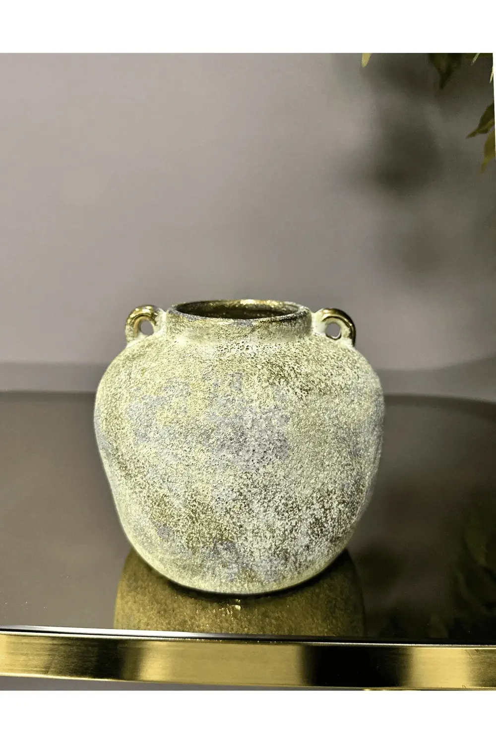 Rustik Eskitme Porselen Vazo - Gold Kulplu Antik Stil Çömlek (15x