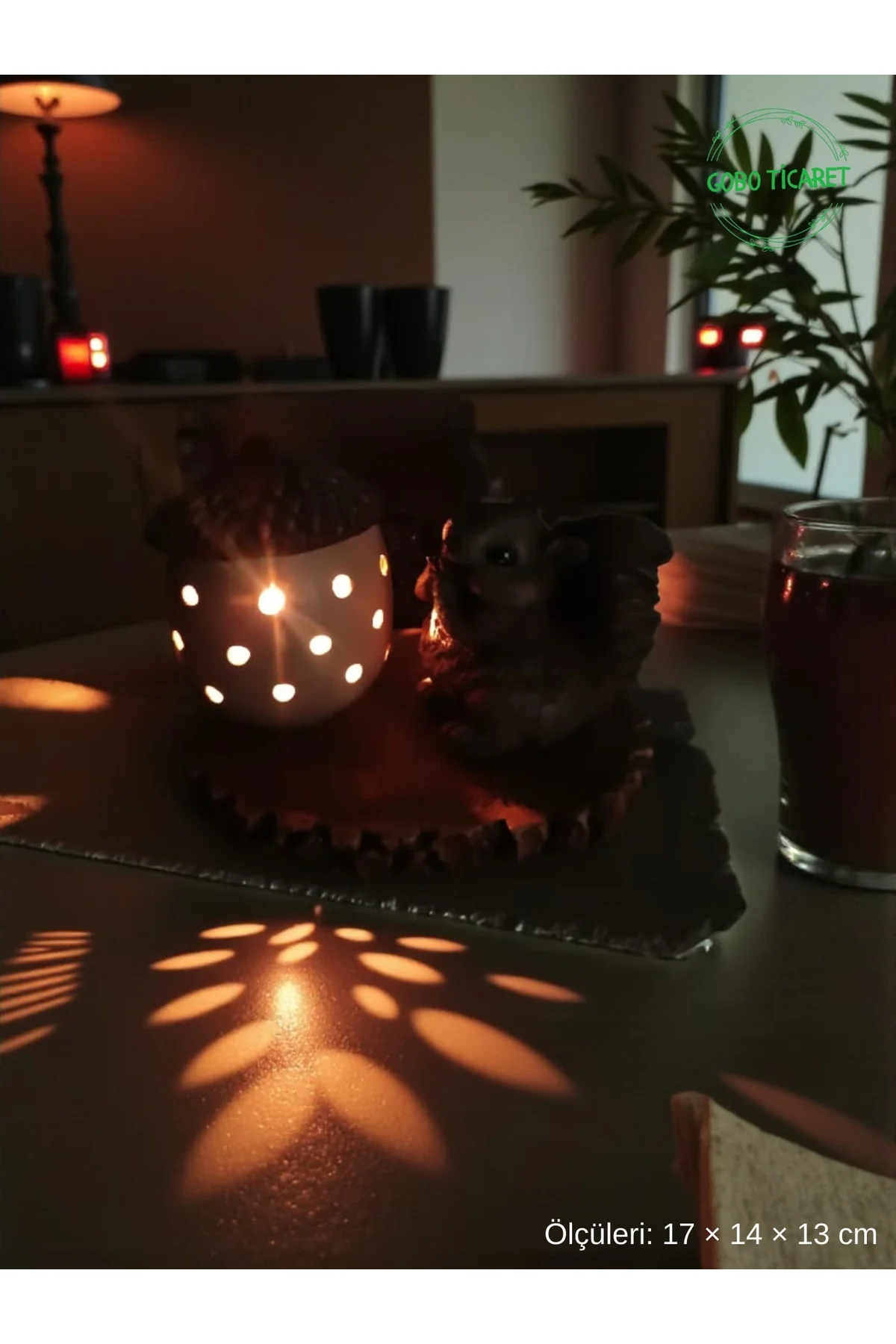 Rustik Sincap Figürlü Meşe Palamudu Mumluk – Tealight LED Mum Hed