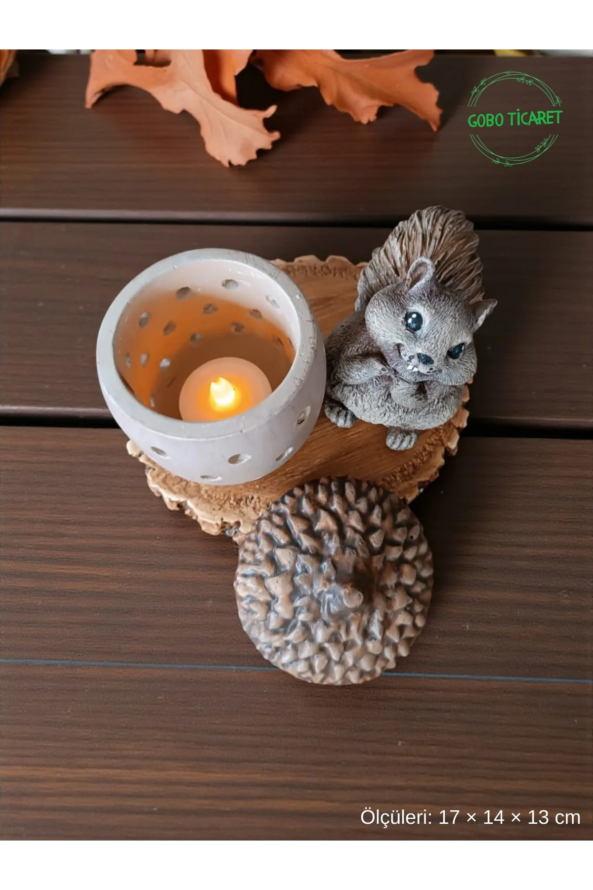Rustik Sincap Figürlü Meşe Palamudu Mumluk – Tealight LED Mum Hed
