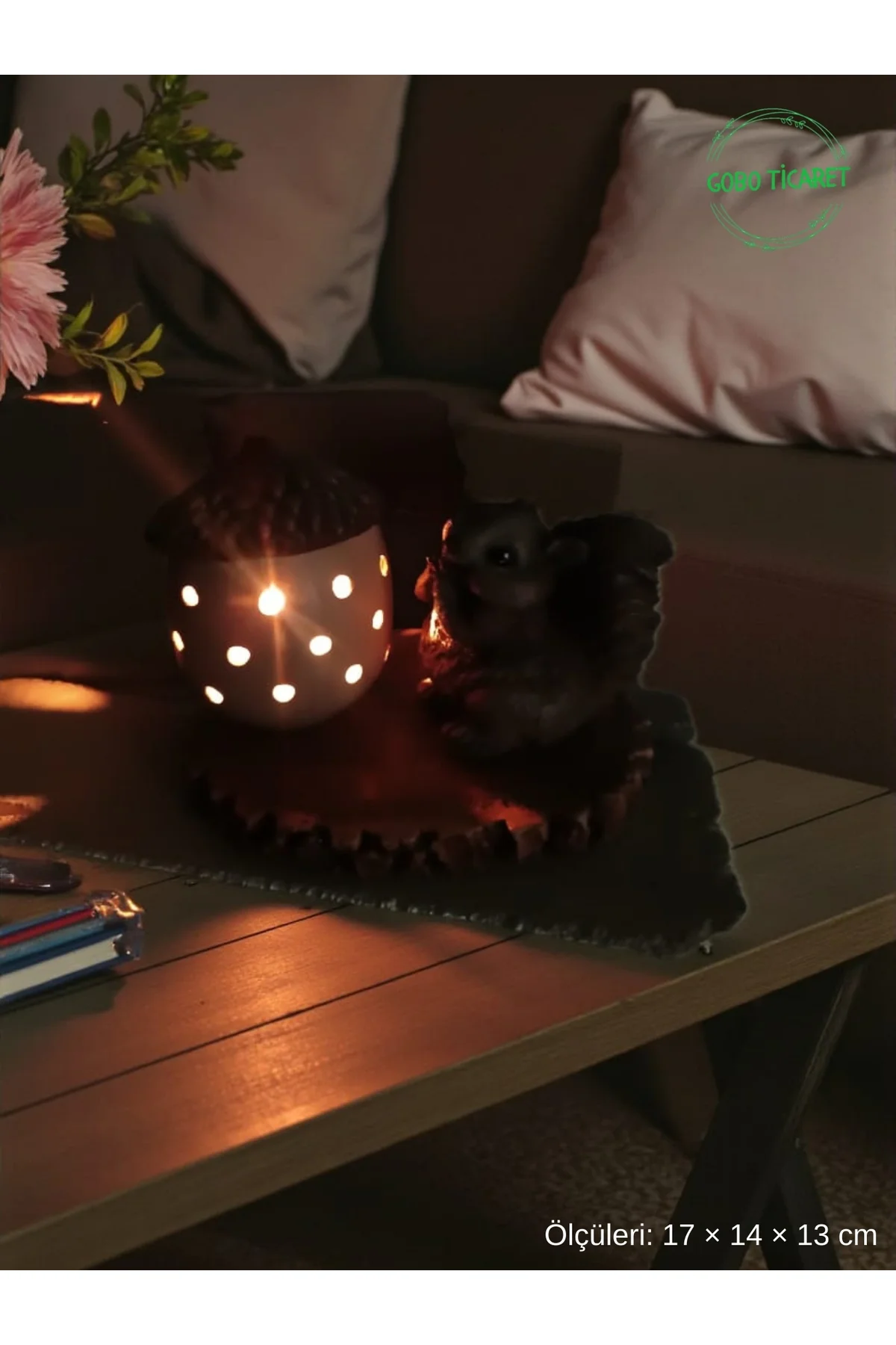 Rustik Sincap Figürlü Meşe Palamudu Mumluk – Tealight LED Mum Hed
