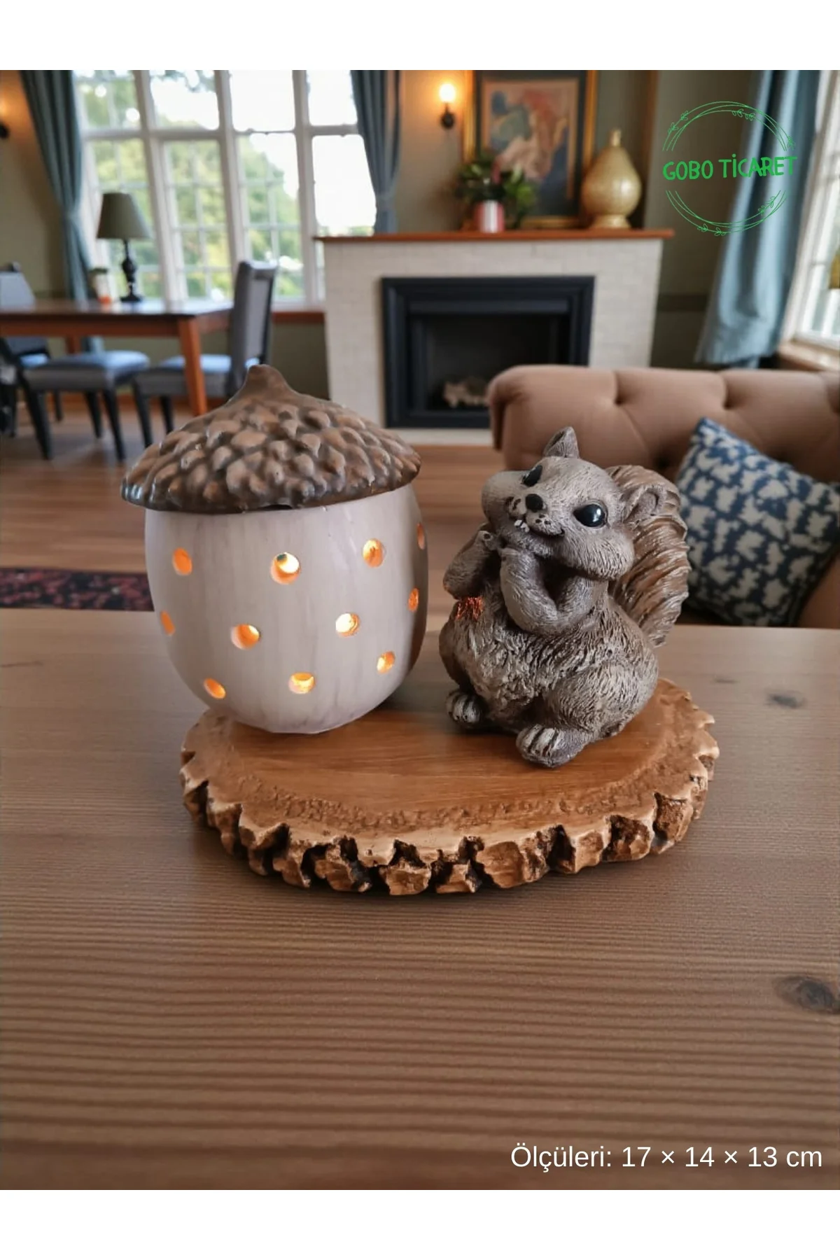 Rustik Sincap Figürlü Meşe Palamudu Mumluk – Tealight LED Mum Hed