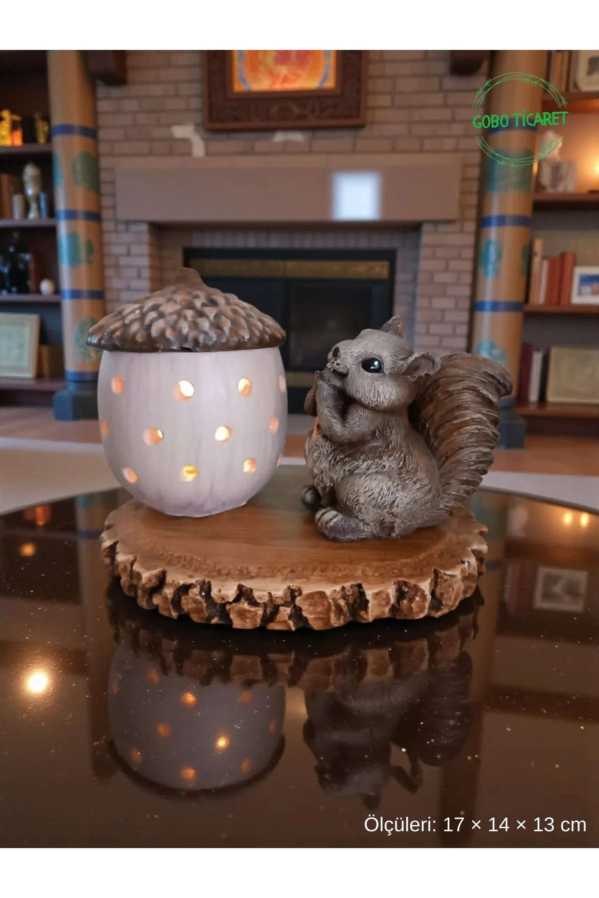 Rustik Sincap Figürlü Meşe Palamudu Mumluk – Tealight LED Mum Hed