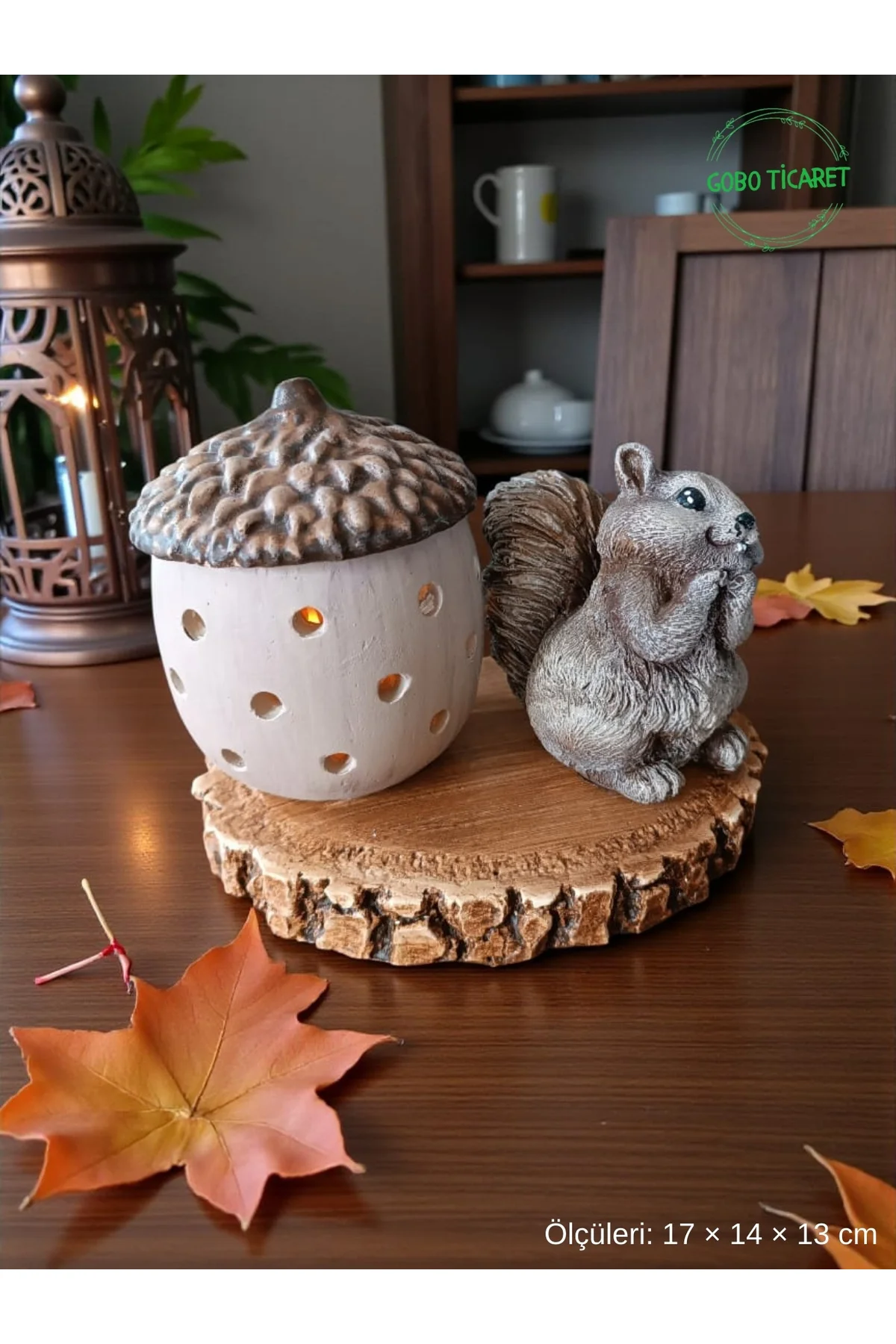 Rustik Sincap Figürlü Meşe Palamudu Mumluk – Tealight LED Mum Hed