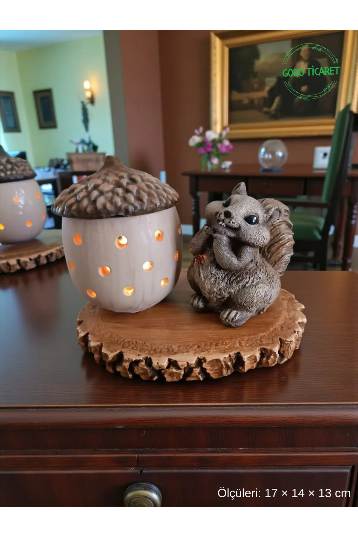 Rustik Sincap Figürlü Meşe Palamudu Mumluk – Tealight LED Mum Hed