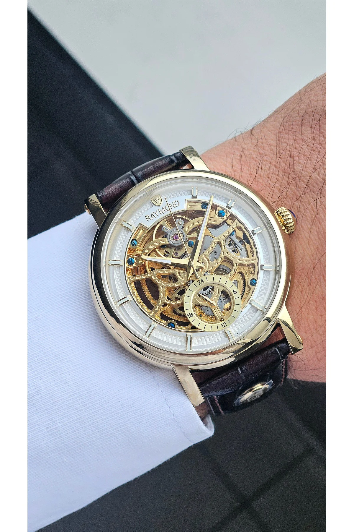 RYM-4853 OTOMATİK ERKEK İSKELET MODEL KOL SAATİ - ÇELİK KASA - DERİ KORDON -2 YIL GARANTİ GOLD-BRW-W