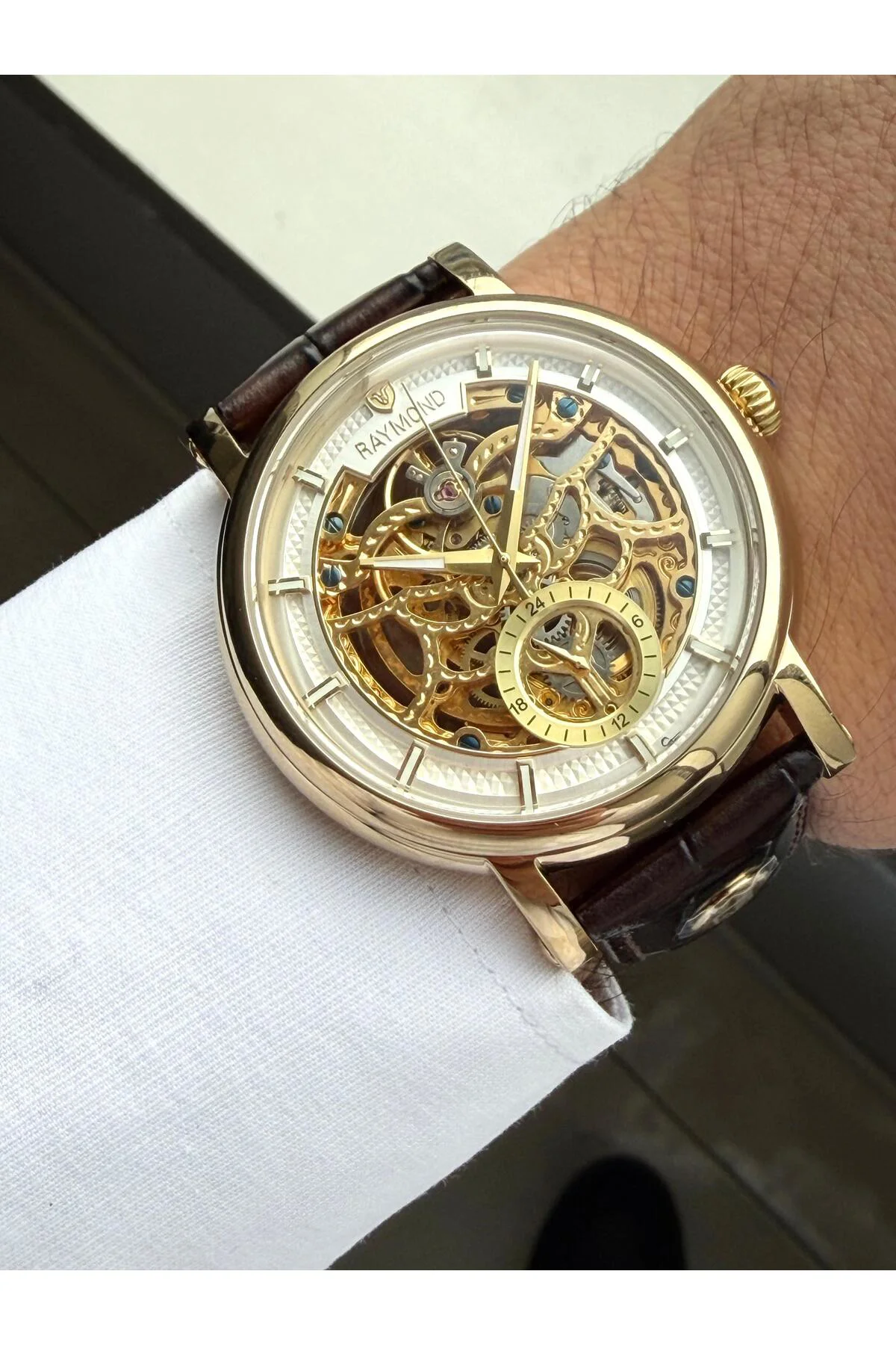 RYM-4853 OTOMATİK ERKEK İSKELET MODEL KOL SAATİ - ÇELİK KASA - DERİ KORDON -2 YIL GARANTİ GOLD-BRW-W