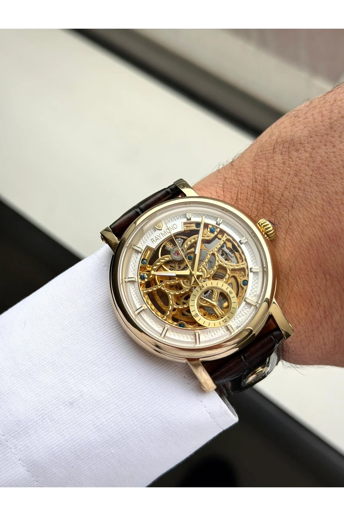 RYM-4853 OTOMATİK ERKEK İSKELET MODEL KOL SAATİ - ÇELİK KASA - DERİ KORDON -2 YIL GARANTİ GOLD-BRW-W