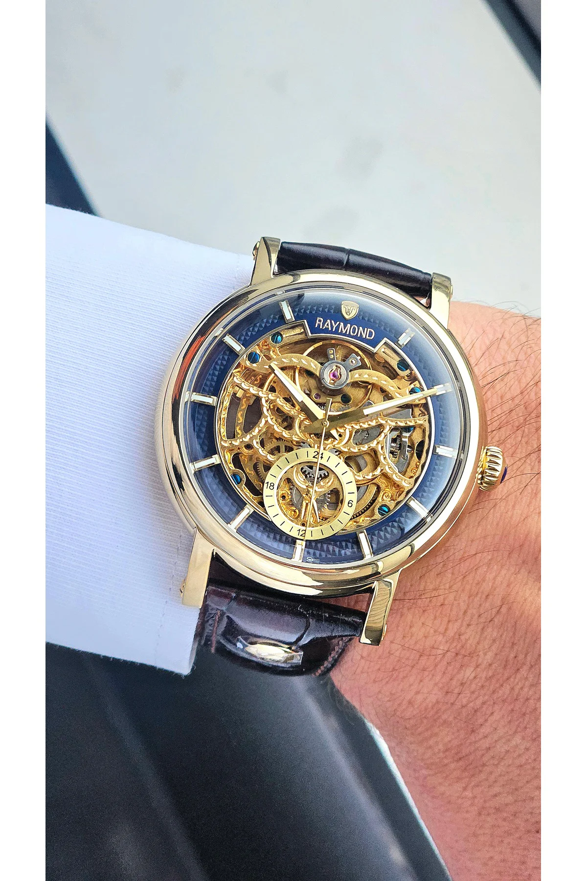 RYM-4853 OTOMATİK ERKEK İSKELET MODEL KOL SAATİ - ÇELİK KASA - DERİ KORDON - 2 YIL GARANTİ GOLD-BRW