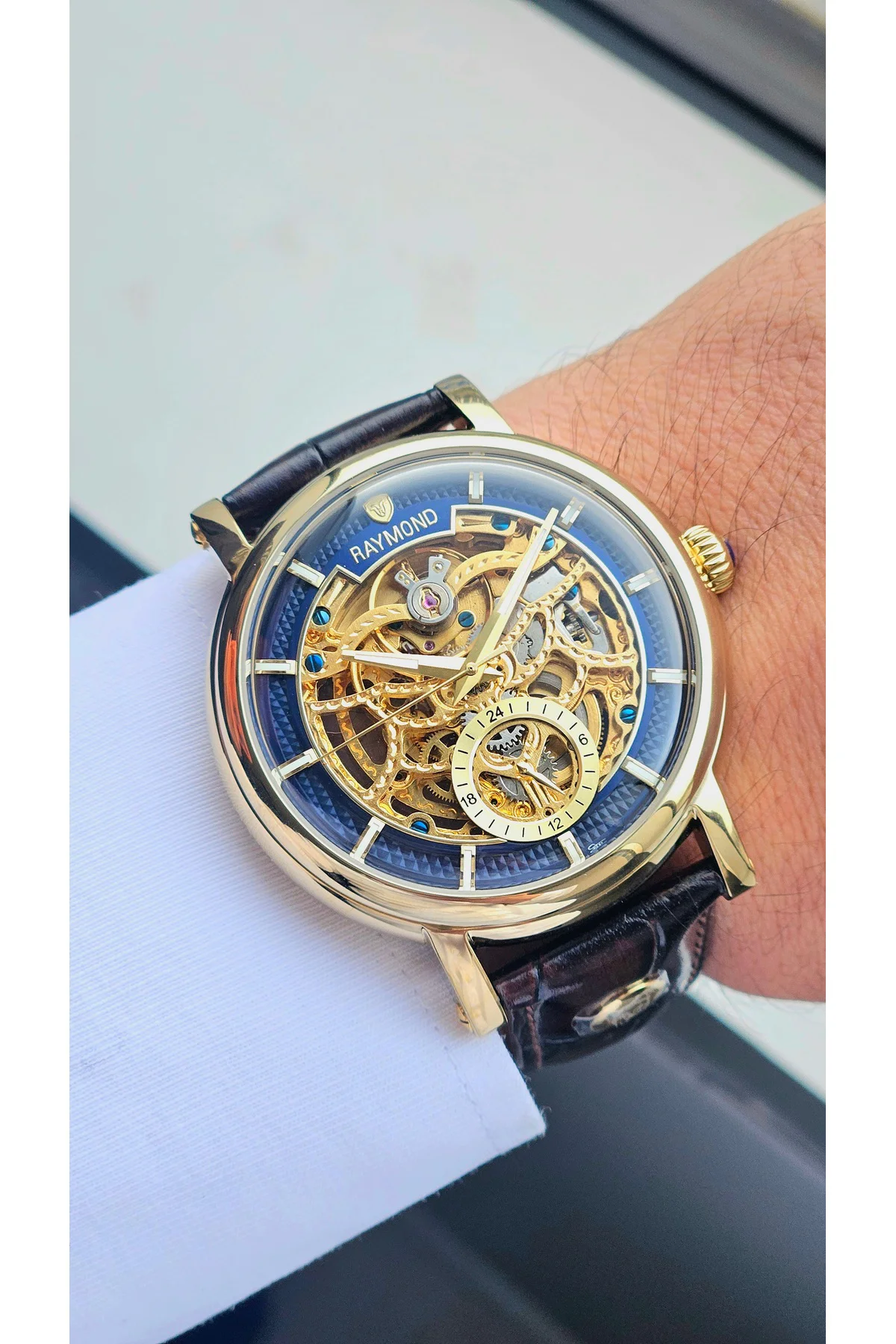 RYM-4853 OTOMATİK ERKEK İSKELET MODEL KOL SAATİ - ÇELİK KASA - DERİ KORDON - 2 YIL GARANTİ GOLD-BRW