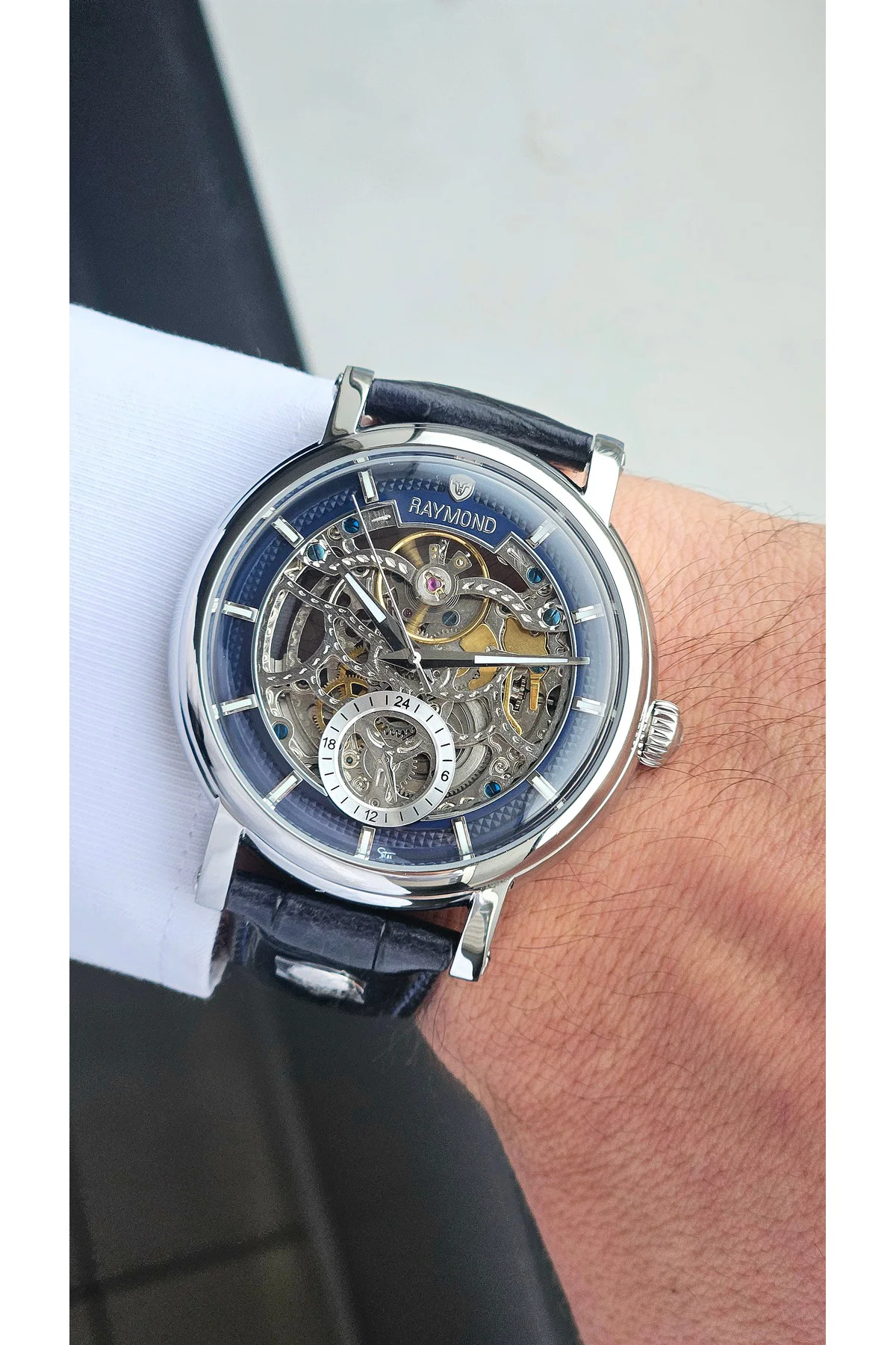 RYM-4853 OTOMATİK ERKEK İSKELET MODEL KOL SAATİ - ÇELİK KASA - DERİ KORDON - 2 YIL GARANTİ SS-BL