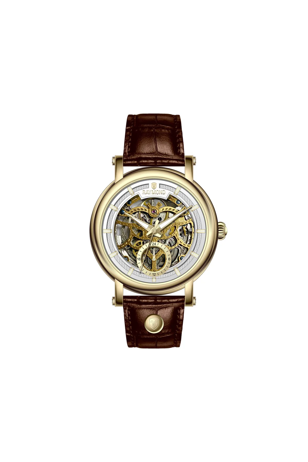 RYM-4853 OTOMATİK ERKEK İSKELET MODEL KOL SAATİ - ÇELİK KASA - DERİ KORDON -2 YIL GARANTİ GOLD-BRW-W