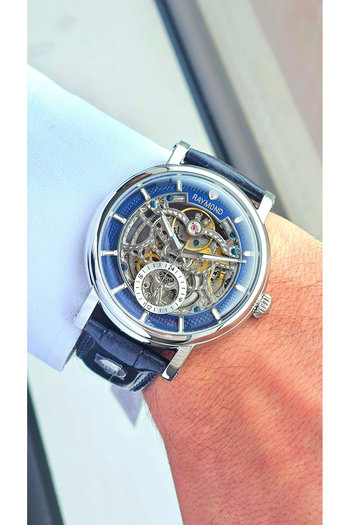 RYM-4853 OTOMATİK ERKEK İSKELET MODEL KOL SAATİ - ÇELİK KASA - DERİ KORDON - 2 YIL GARANTİ SS-BL
