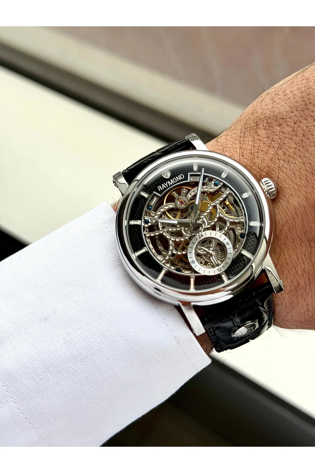 RYM-4853 OTOMATİK ERKEK İSKELET MODEL KOL SAATİ - ÇELİK KASA - DERİ KORDON - 2 YIL GARANTİ SS-BK