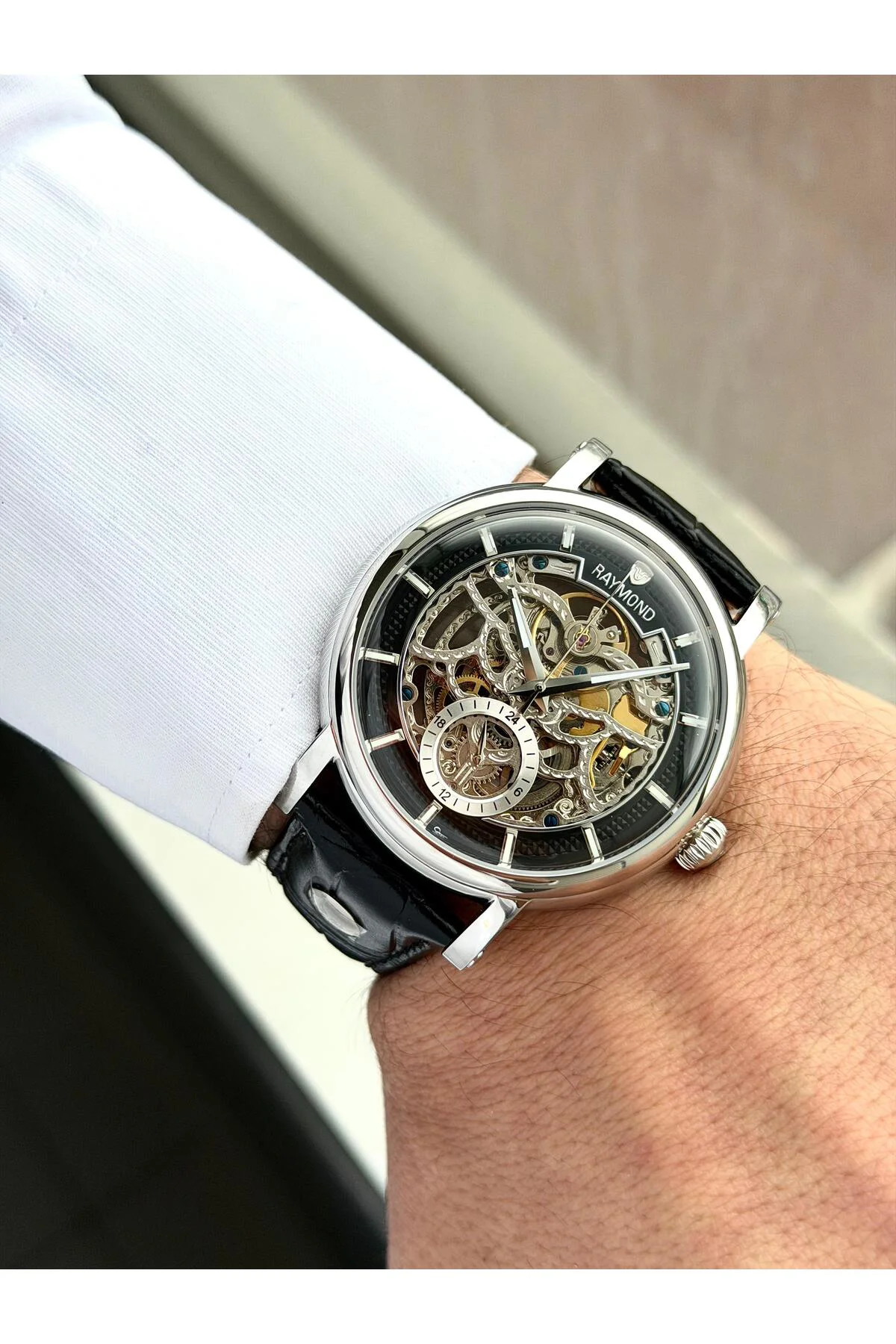 RYM-4853 OTOMATİK ERKEK İSKELET MODEL KOL SAATİ - ÇELİK KASA - DERİ KORDON - 2 YIL GARANTİ SS-BK